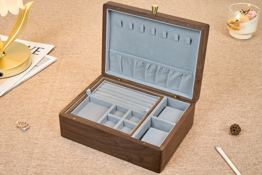Two-Tier Walnut Jewelry Box with Removable Tray & Hooks