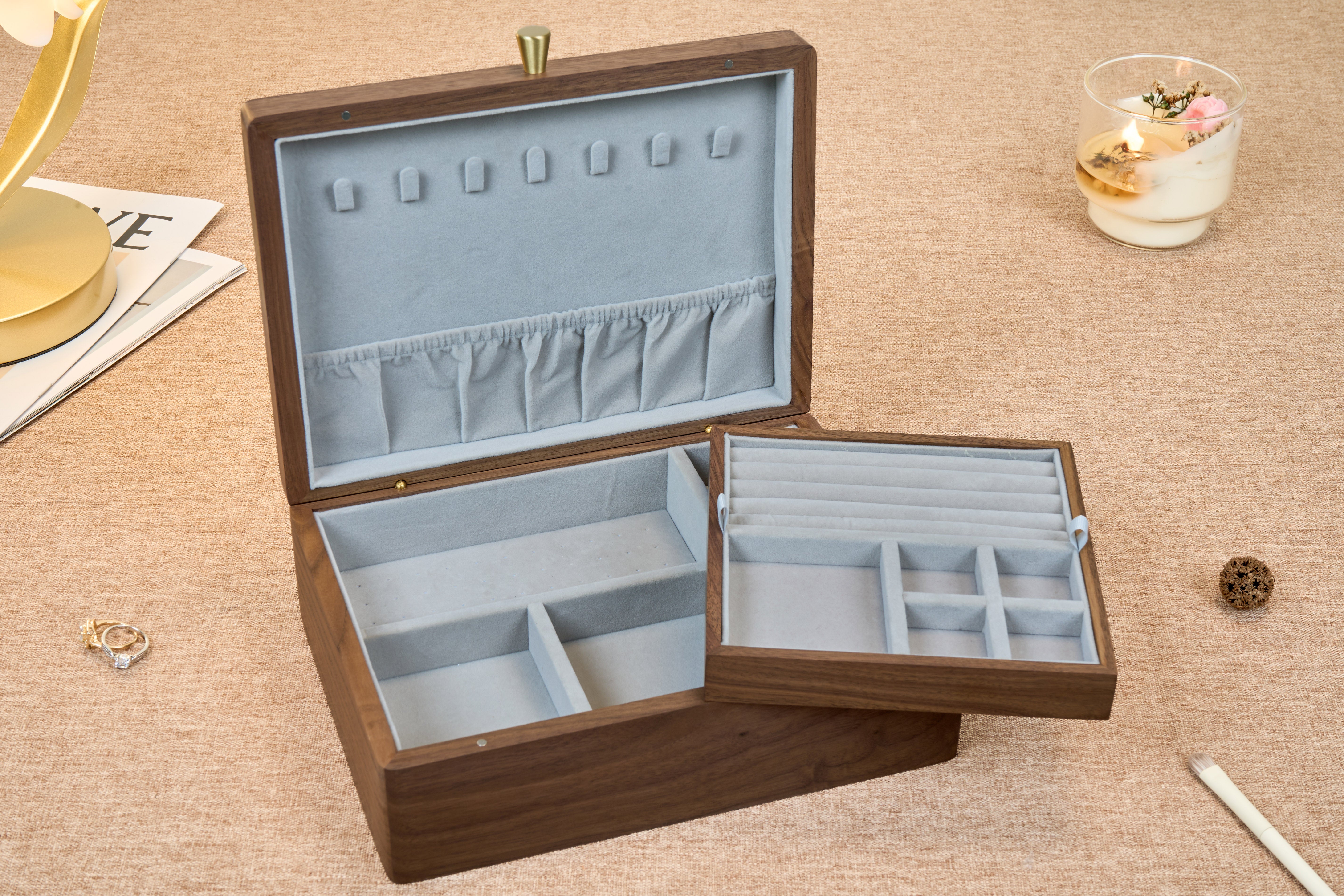 Two-Tier Walnut Jewelry Box with Removable Tray & Hooks 5