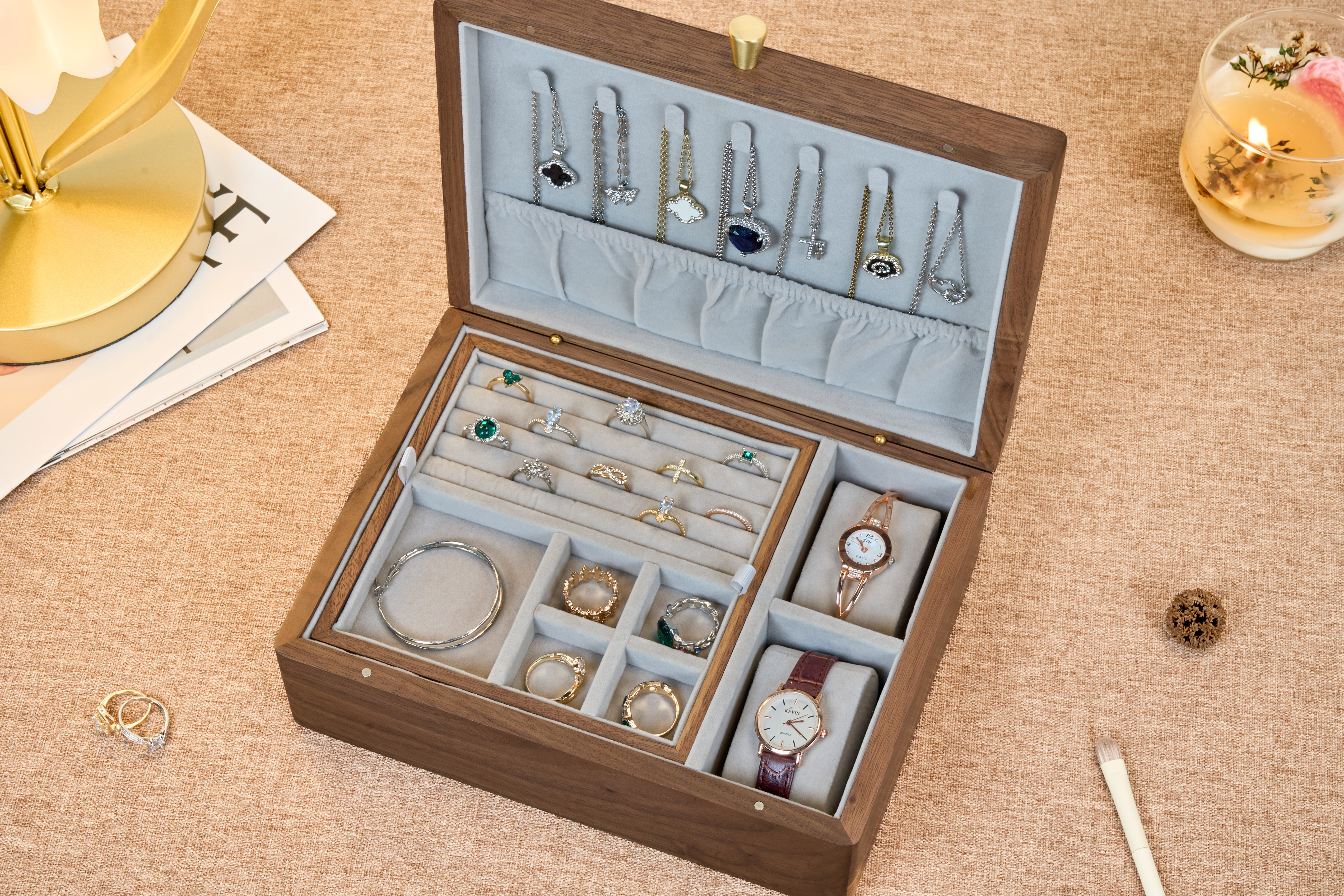 Two-Tier Walnut Jewelry Box with Removable Tray & Hooks 7