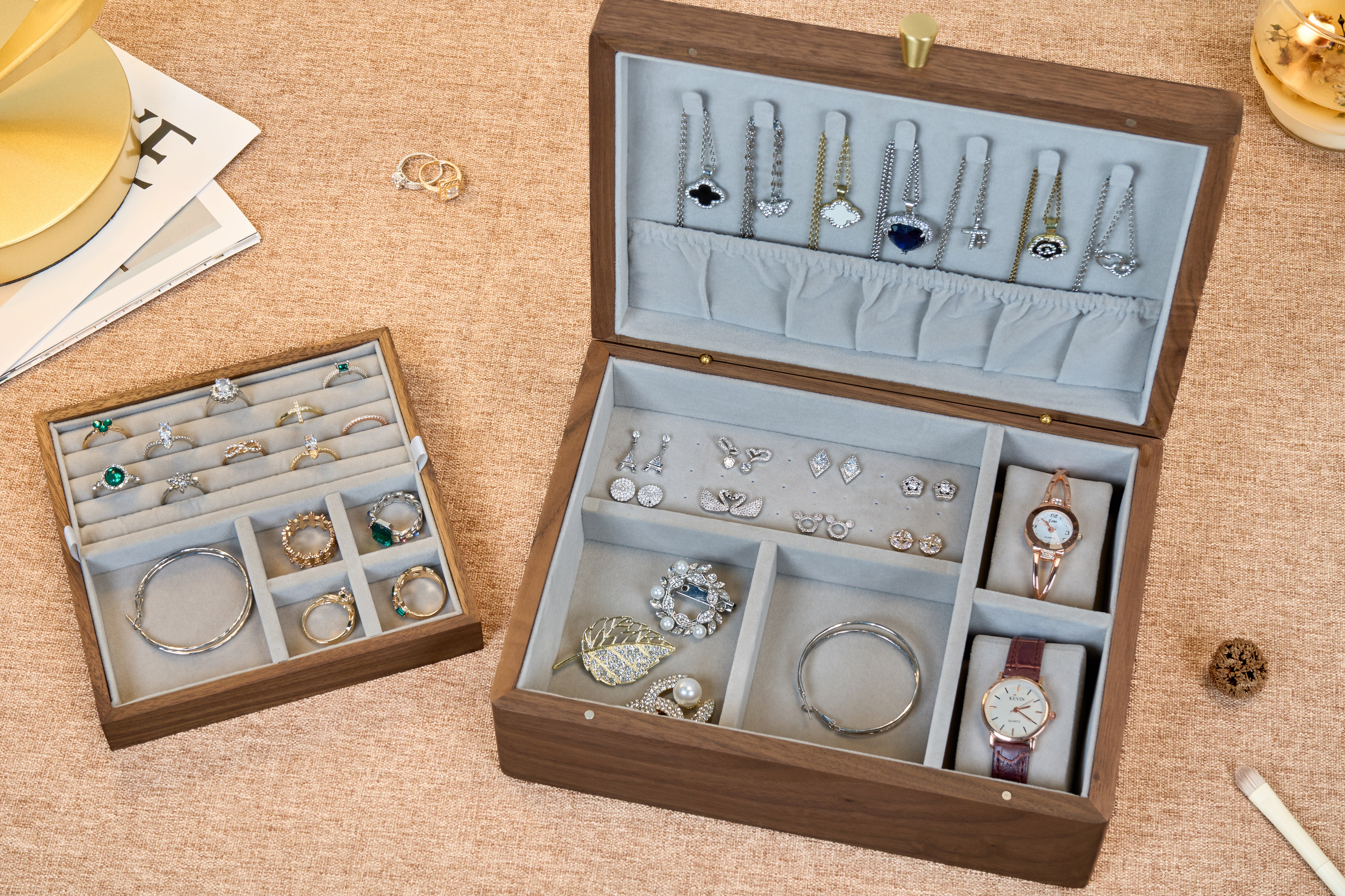 Two-Tier Walnut Jewelry Box with Removable Tray & Hooks 9