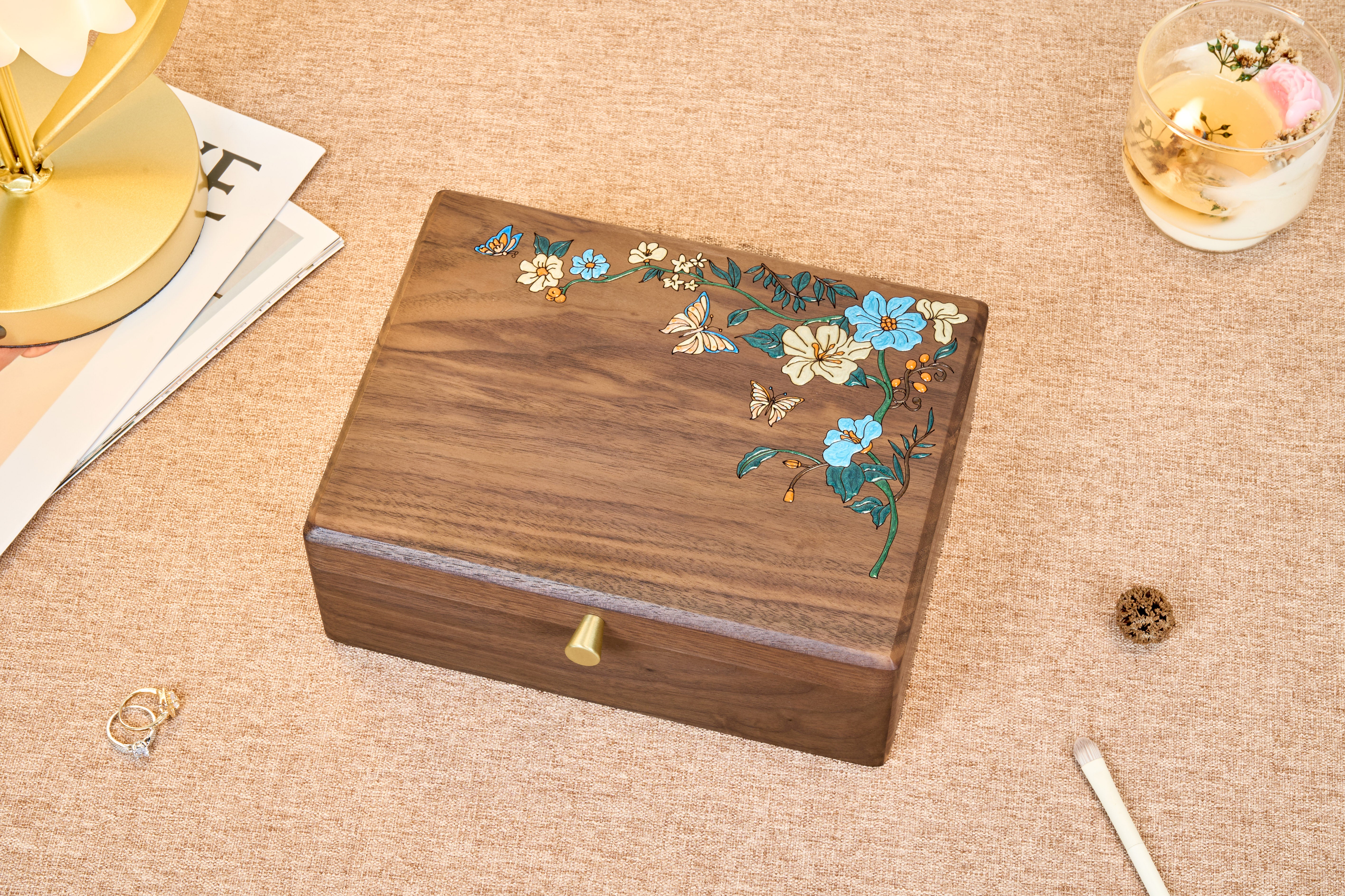 Two-Tier Walnut Jewelry Box with Removable Tray & Hooks 10
