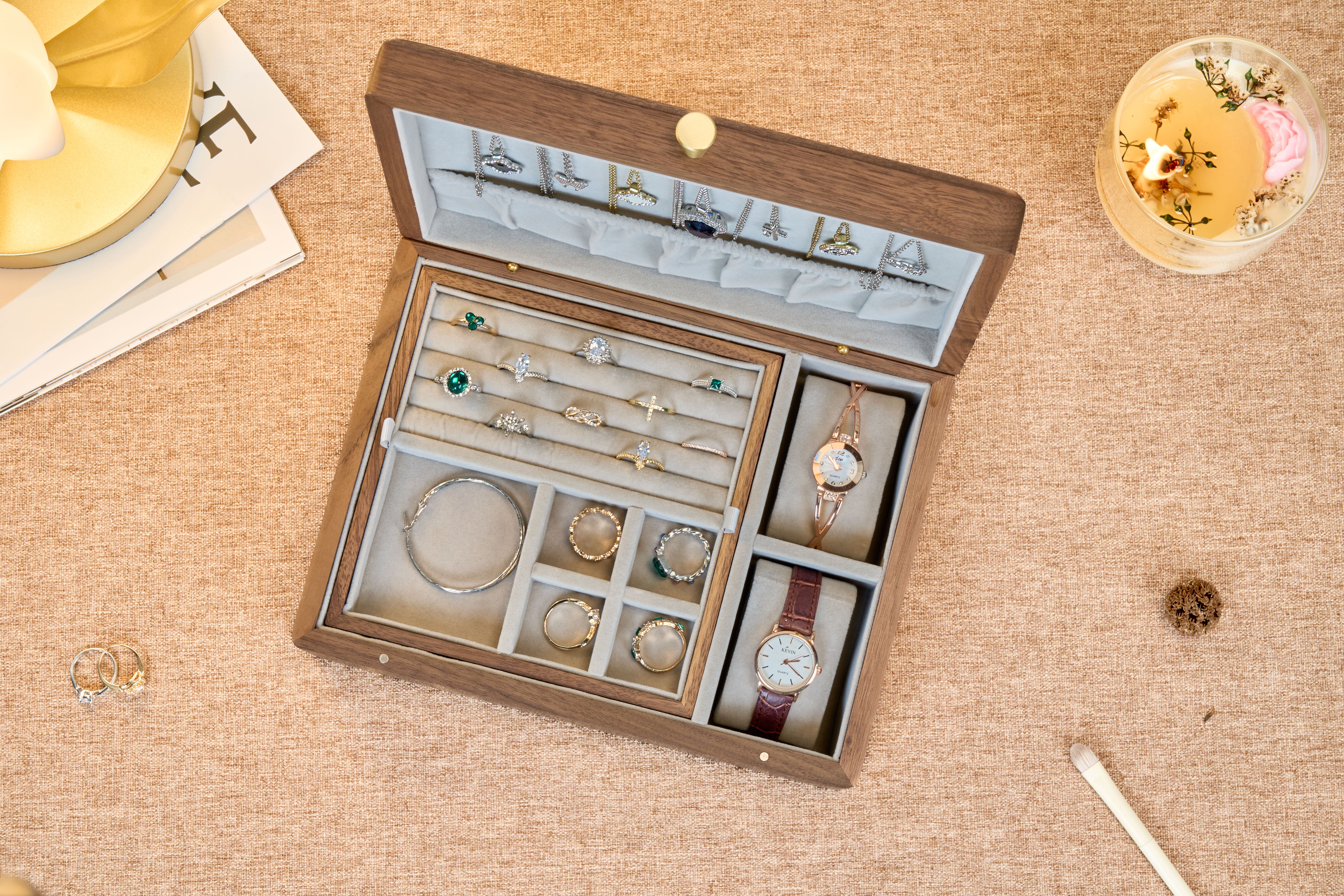 Two-Tier Walnut Jewelry Box with Removable Tray & Hooks 11