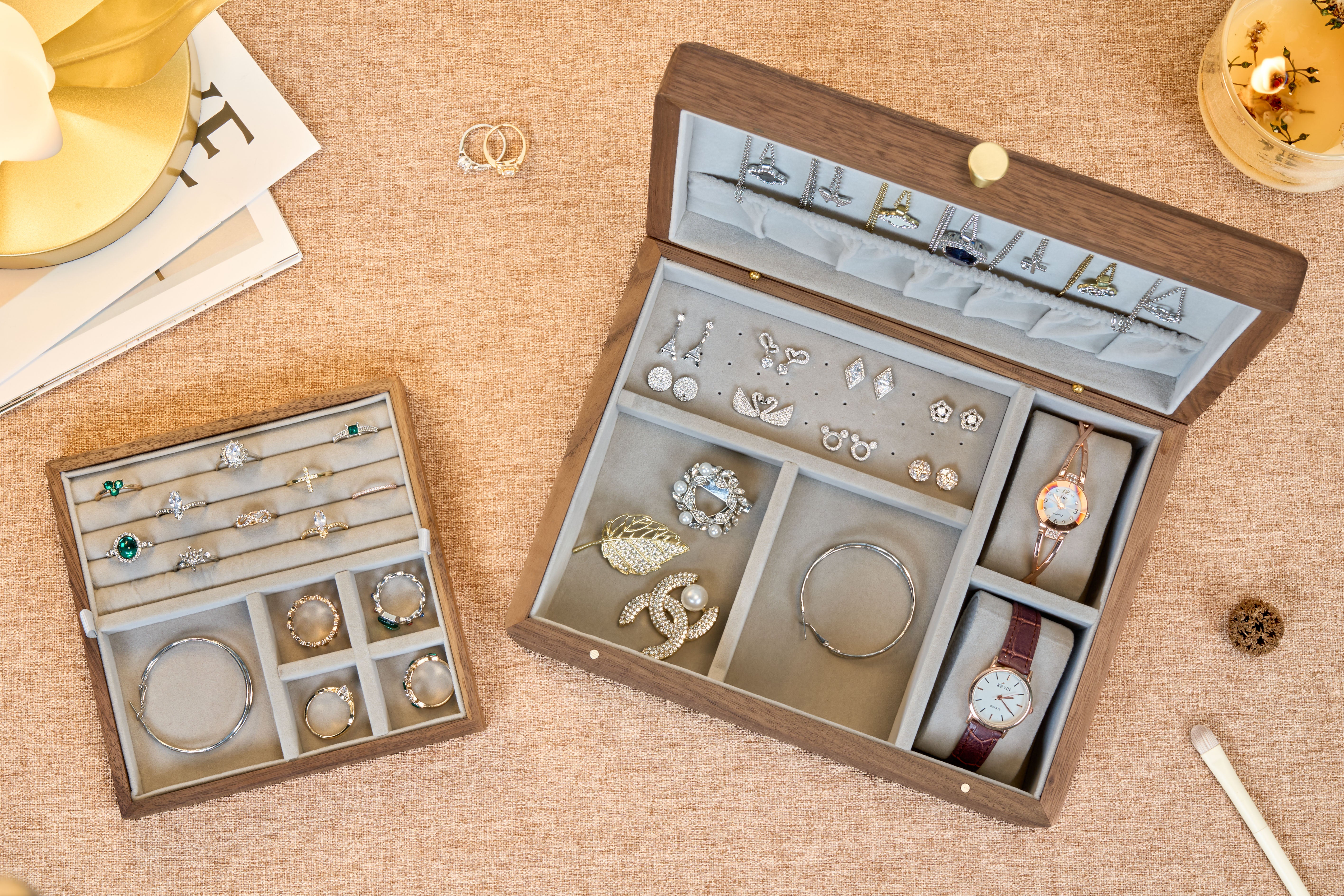Two-Tier Walnut Jewelry Box with Removable Tray & Hooks 13