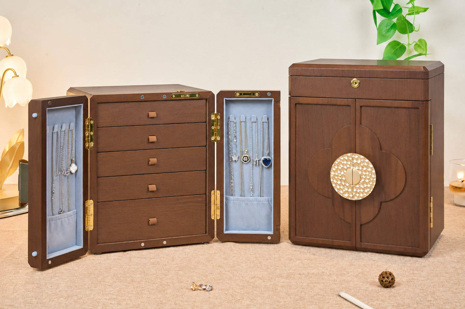 Lockable Walnut Jewelry Cabinet with 5 Drawers & Double Doors 15