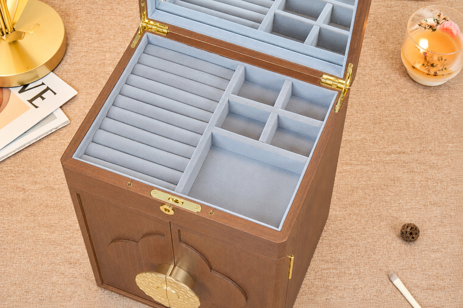 Lockable Walnut Jewelry Cabinet with 5 Drawers & Double Doors 23