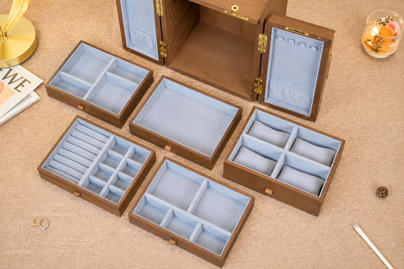 Lockable Walnut Jewelry Cabinet with 5 Drawers & Double Doors 24
