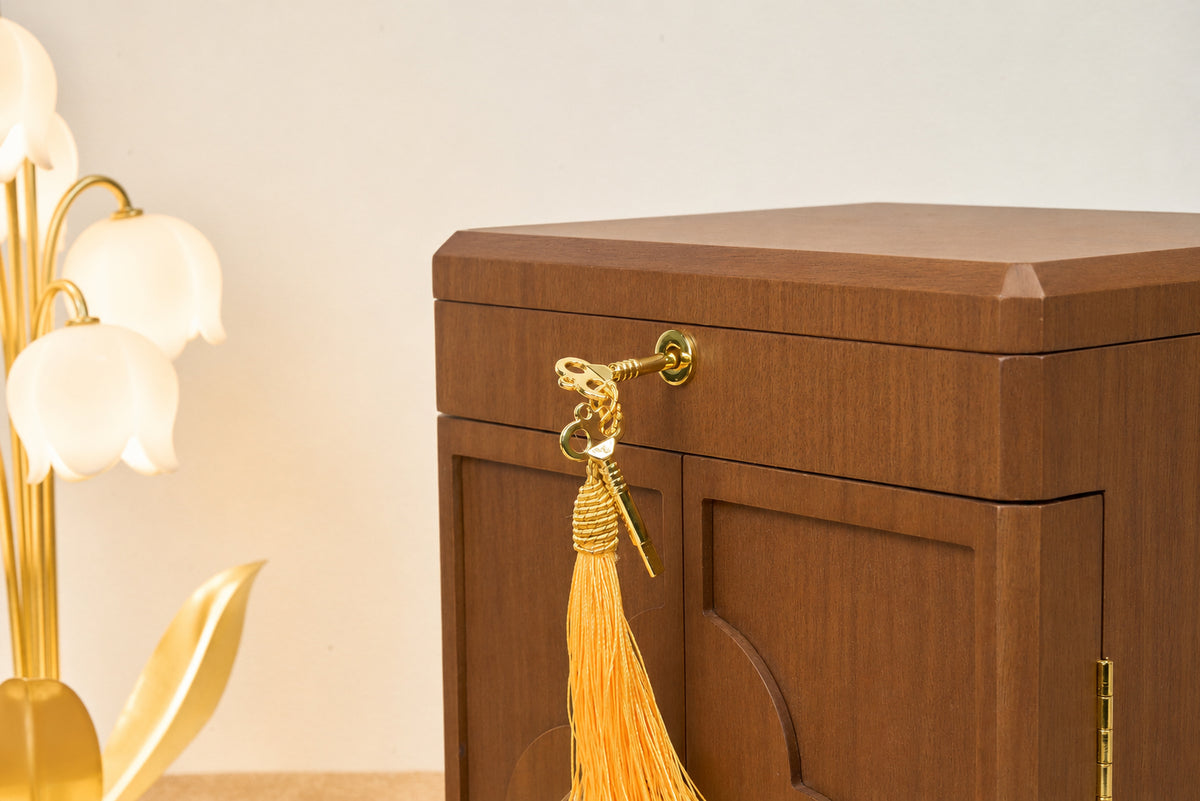 Lockable Walnut Jewelry Cabinet with 5 Drawers & Double Doors 28