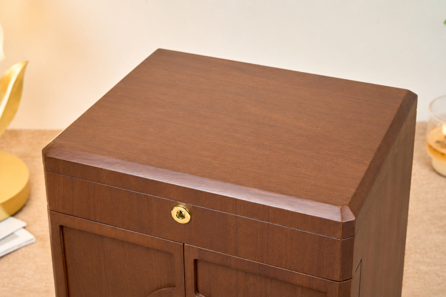 Lockable Walnut Jewelry Cabinet with 5 Drawers & Double Doors 31
