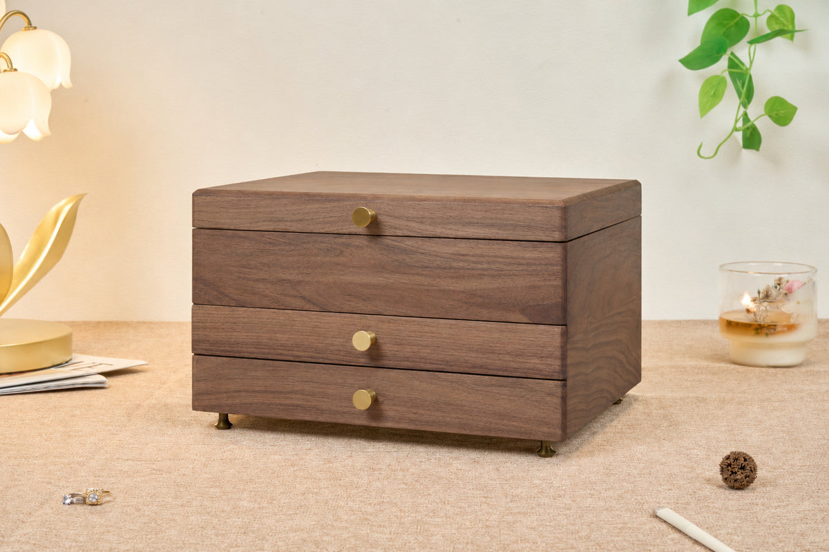 Walnut Jewelry Box with 2 Drawers & Removable Tray 1