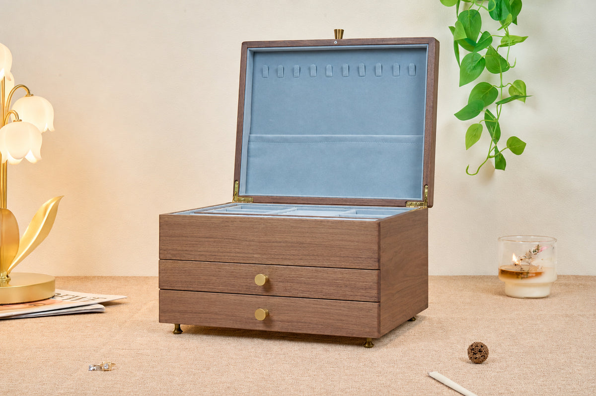 Walnut Jewelry Box with 2 Drawers & Removable Tray 2
