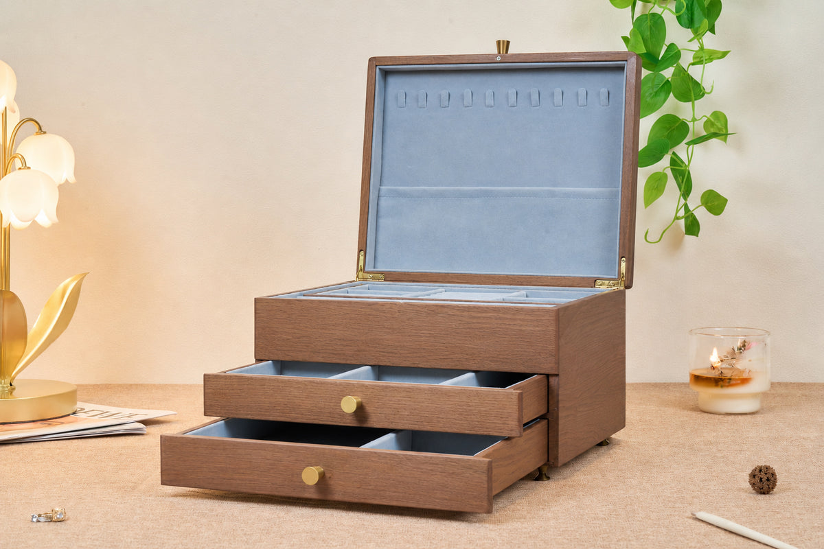 Walnut Jewelry Box with 2 Drawers & Removable Tray 3