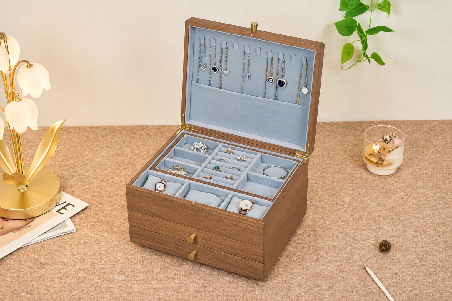 Walnut Jewelry Box with 2 Drawers & Removable Tray 5