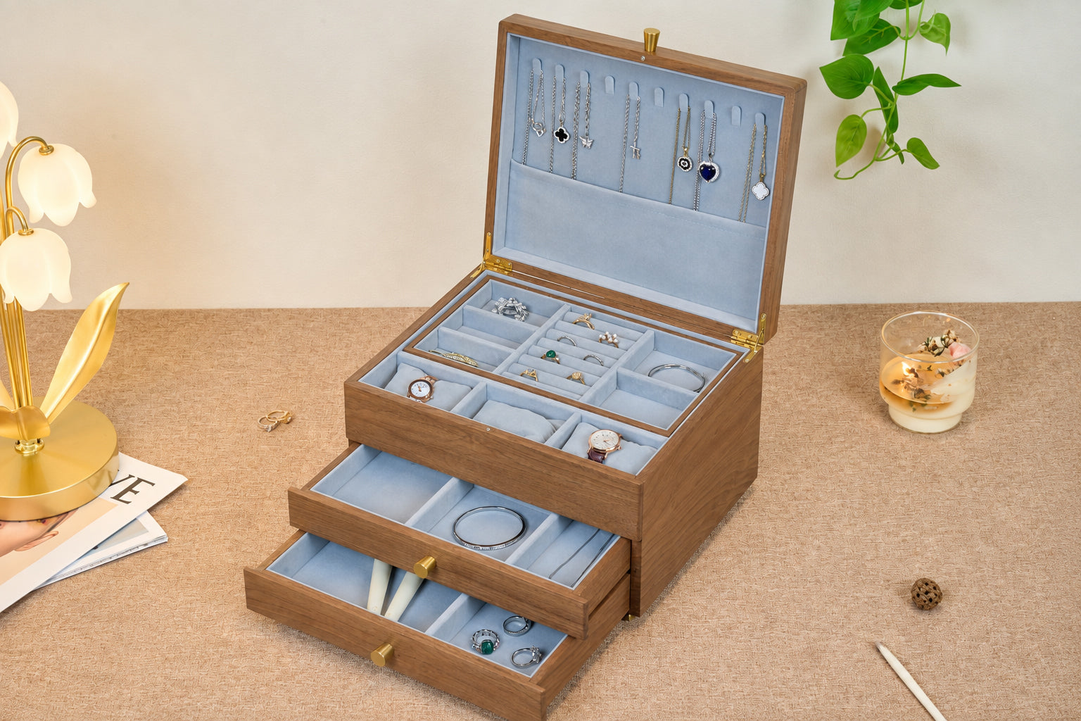 Walnut Jewelry Box with 2 Drawers & Removable Tray 6