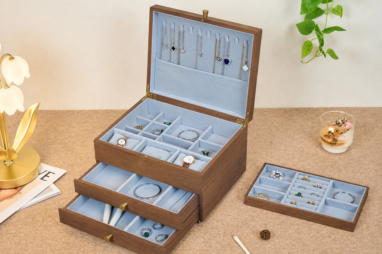 Walnut Jewelry Box with 2 Drawers & Removable Tray 7