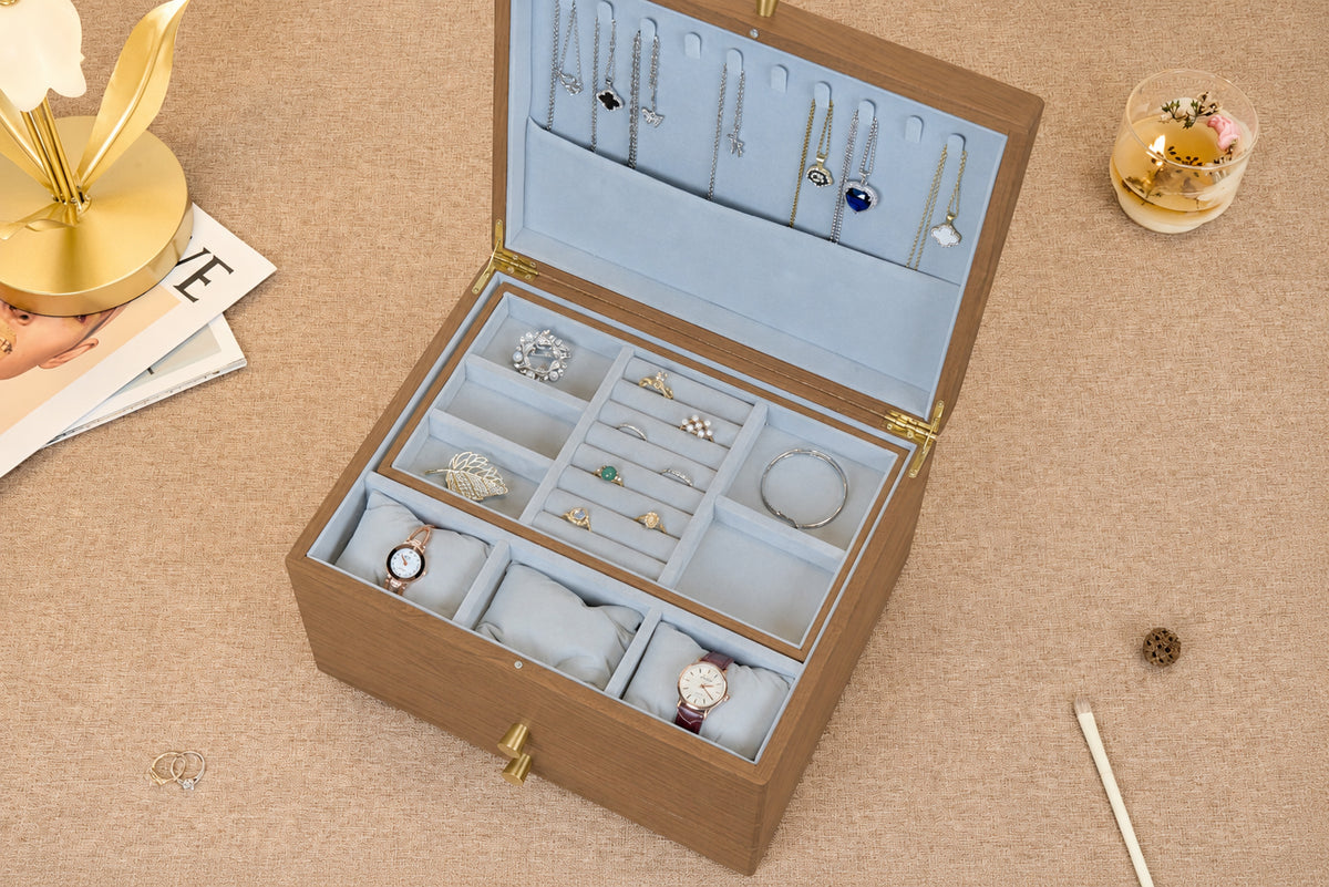 Walnut Jewelry Box with 2 Drawers & Removable Tray 8