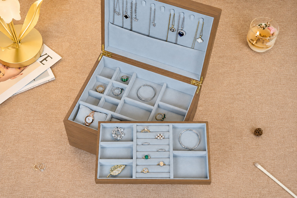 Walnut Jewelry Box with 2 Drawers & Removable Tray 9
