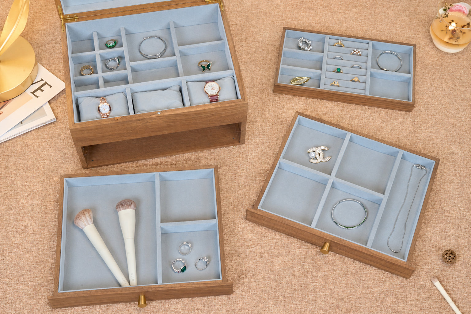 Walnut Jewelry Box with 2 Drawers & Removable Tray 10