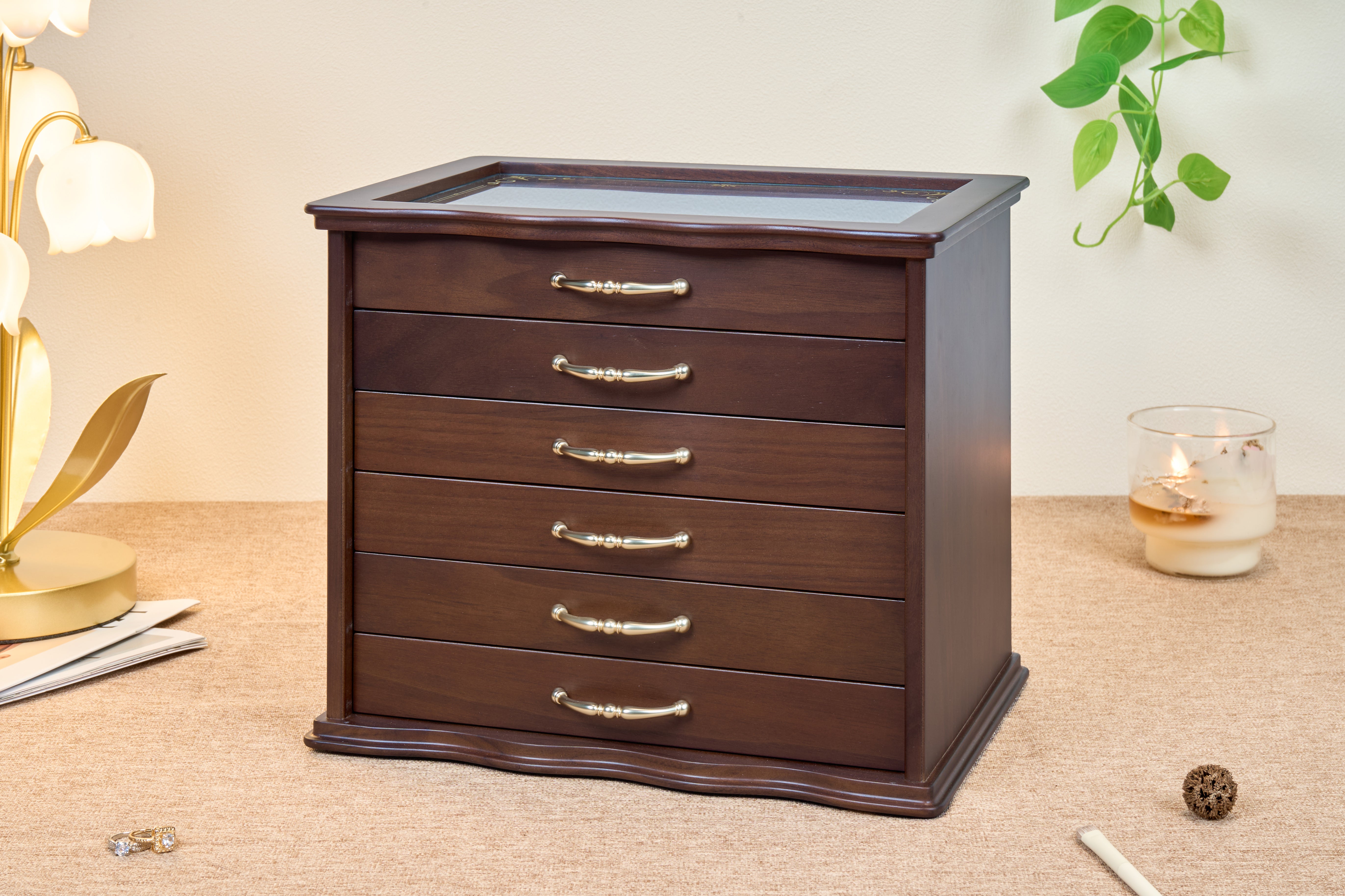 6-Drawer Walnut Jewelry Cabinet with Decorative Glass Top 1