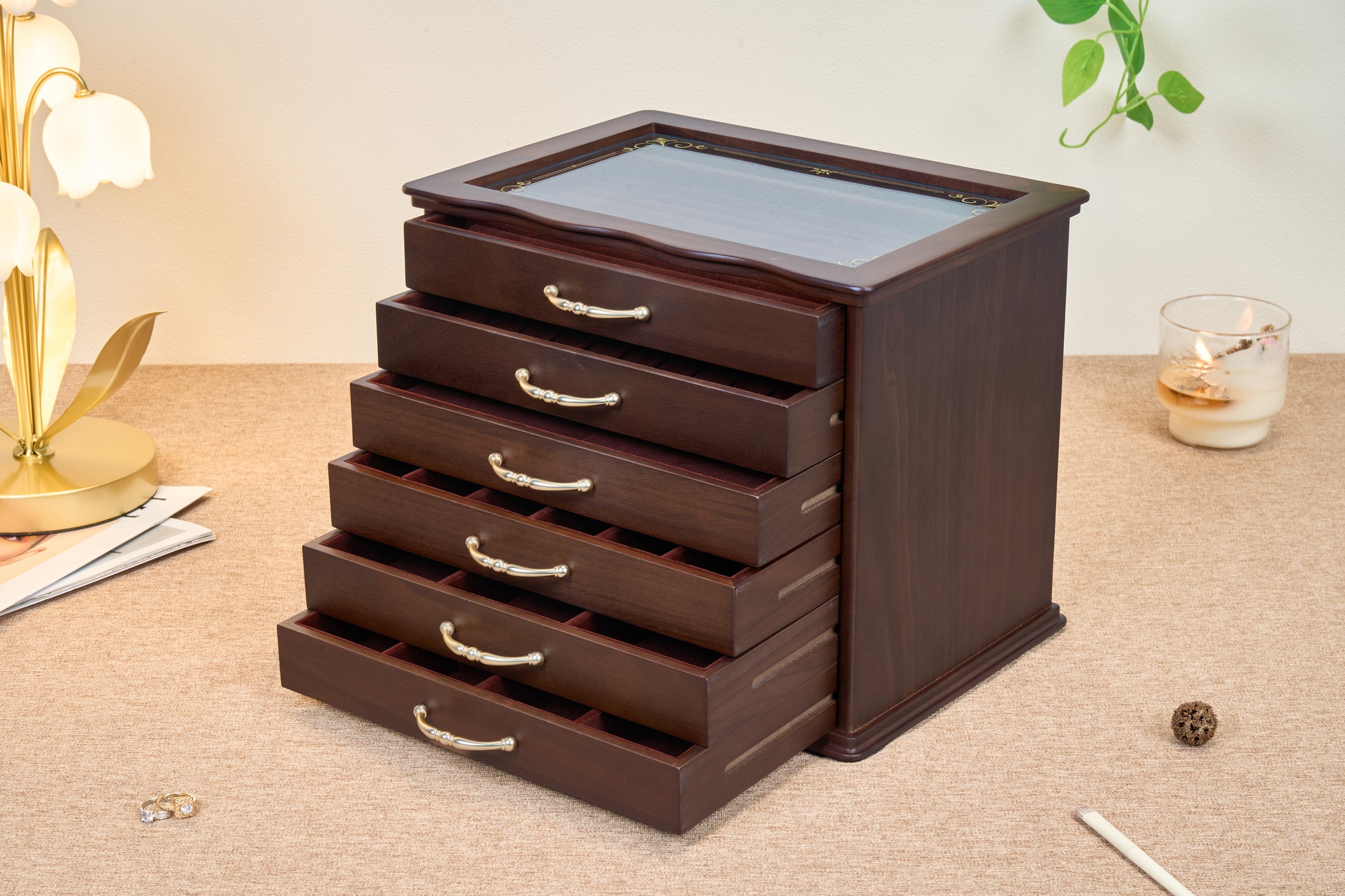 6-Drawer Walnut Jewelry Cabinet with Decorative Glass Top 2