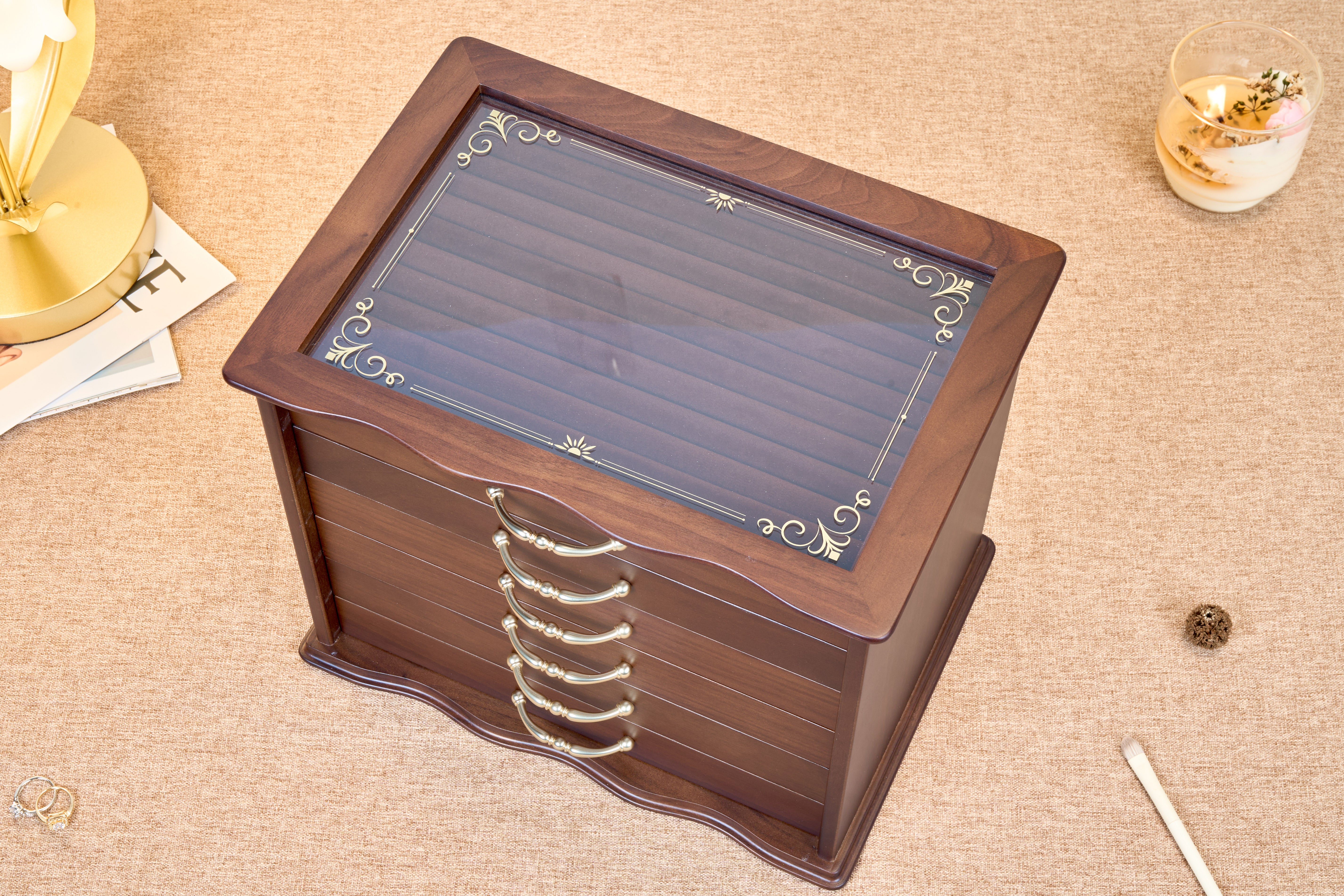 6-Drawer Walnut Jewelry Cabinet with Decorative Glass Top 4