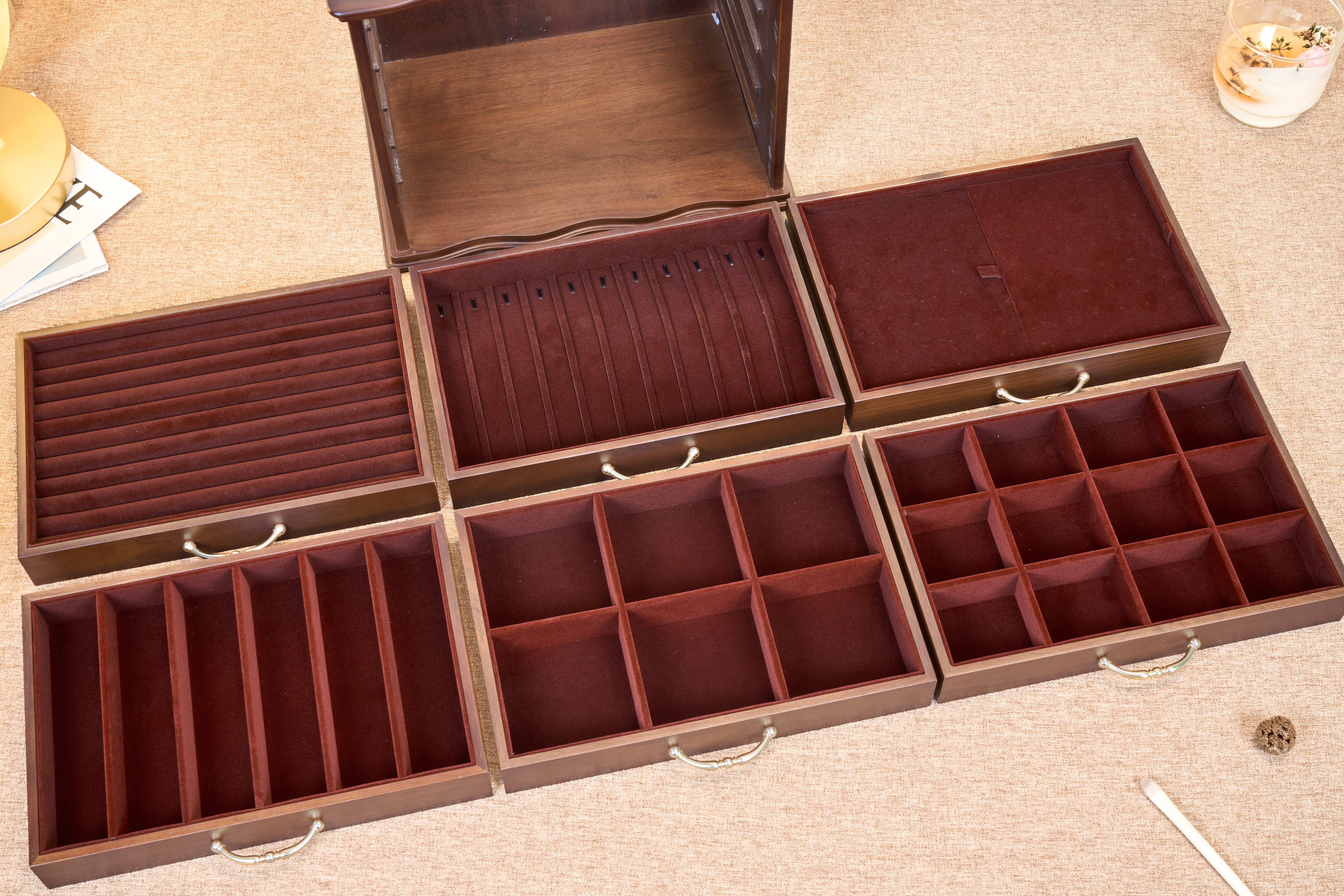 6-Drawer Walnut Jewelry Cabinet with Decorative Glass Top 5