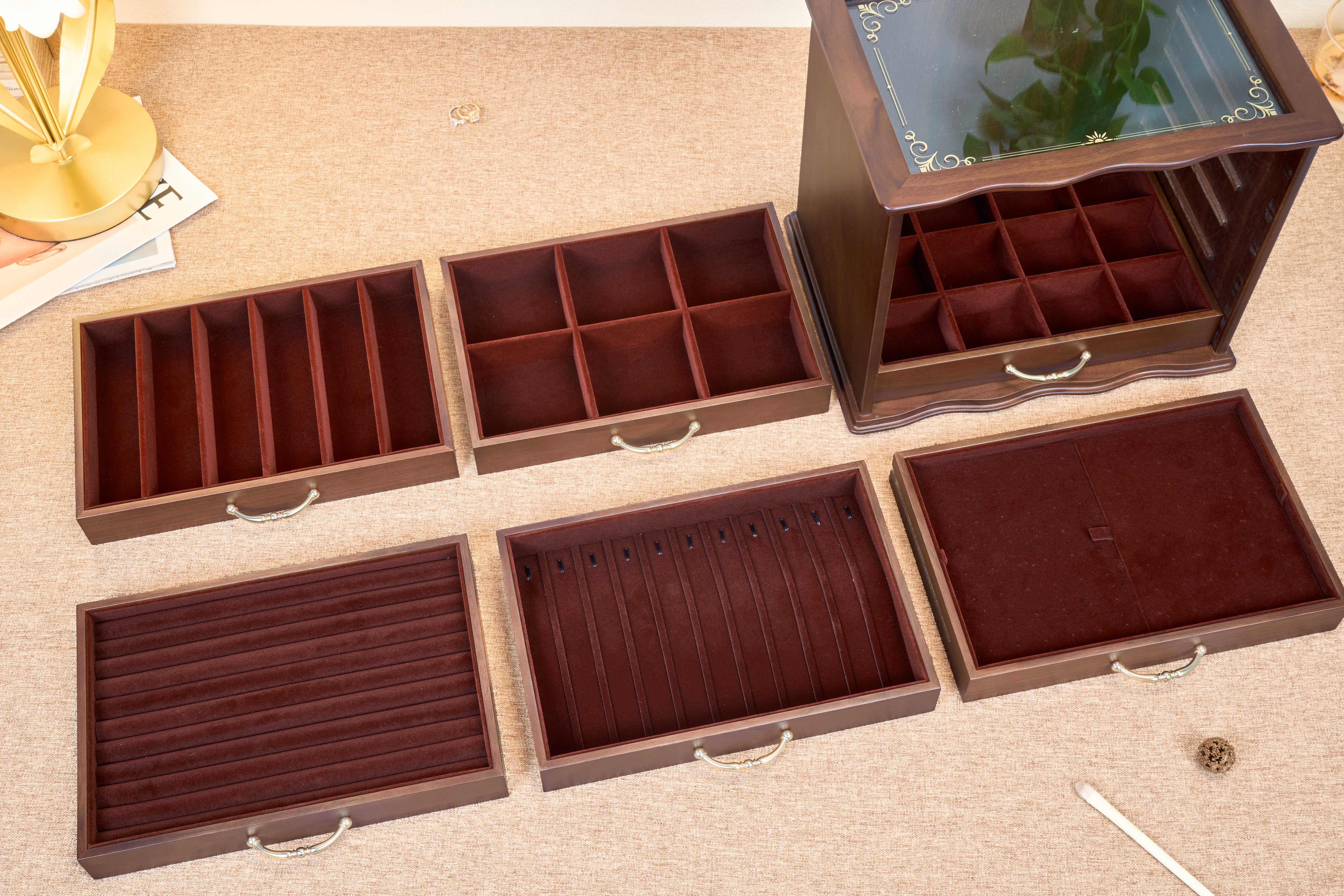 6-Drawer Walnut Jewelry Cabinet with Decorative Glass Top 6
