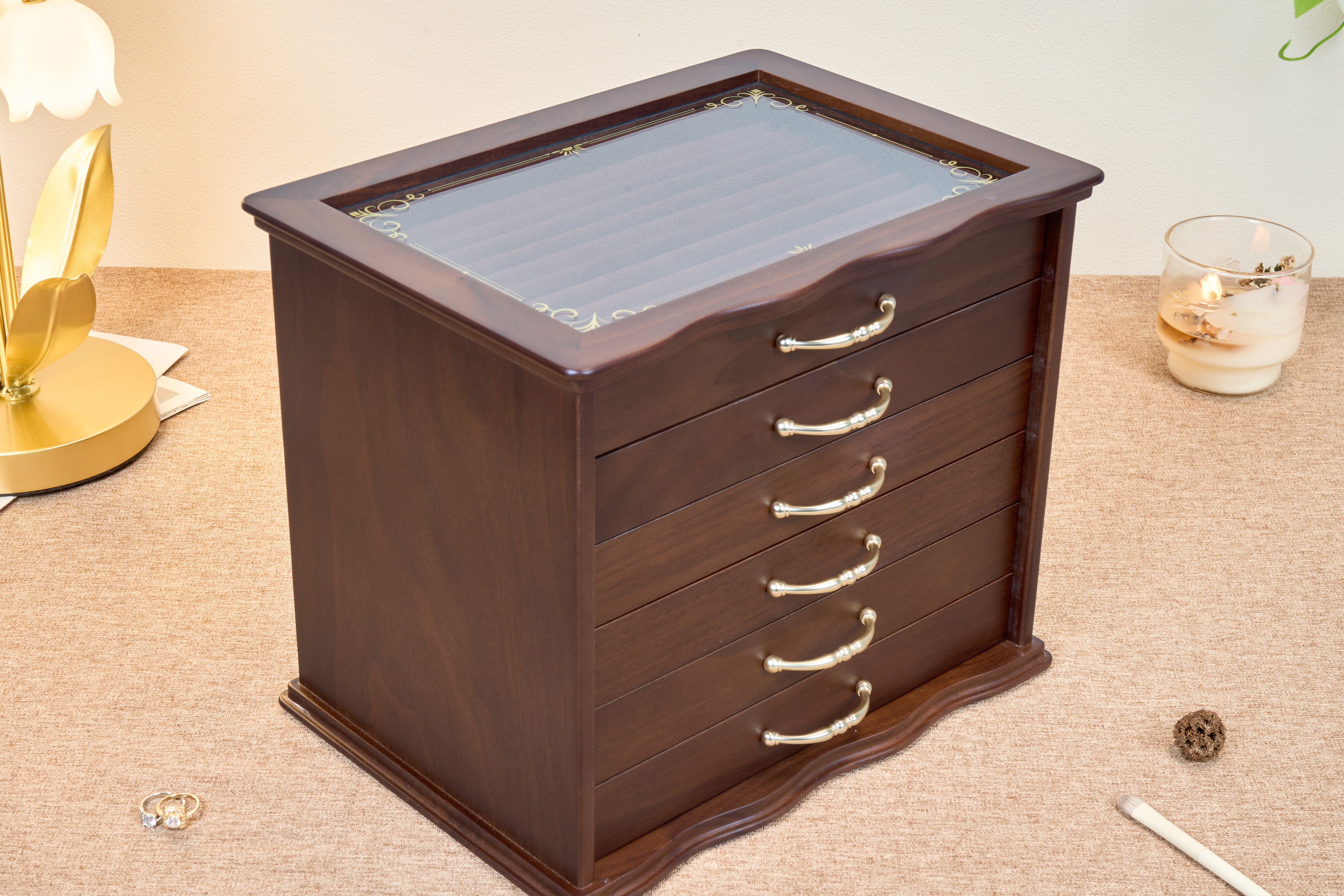 6-Drawer Walnut Jewelry Cabinet with Decorative Glass Top 16