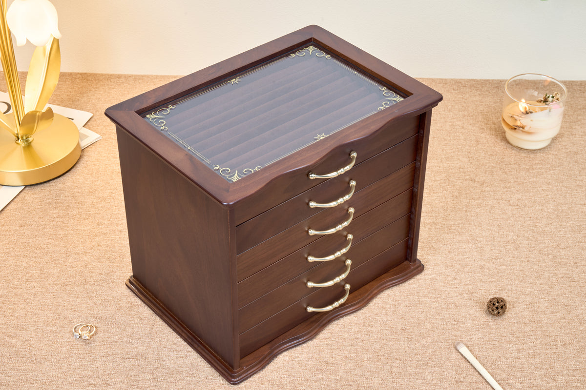 6-Drawer Walnut Jewelry Cabinet with Decorative Glass Top 17