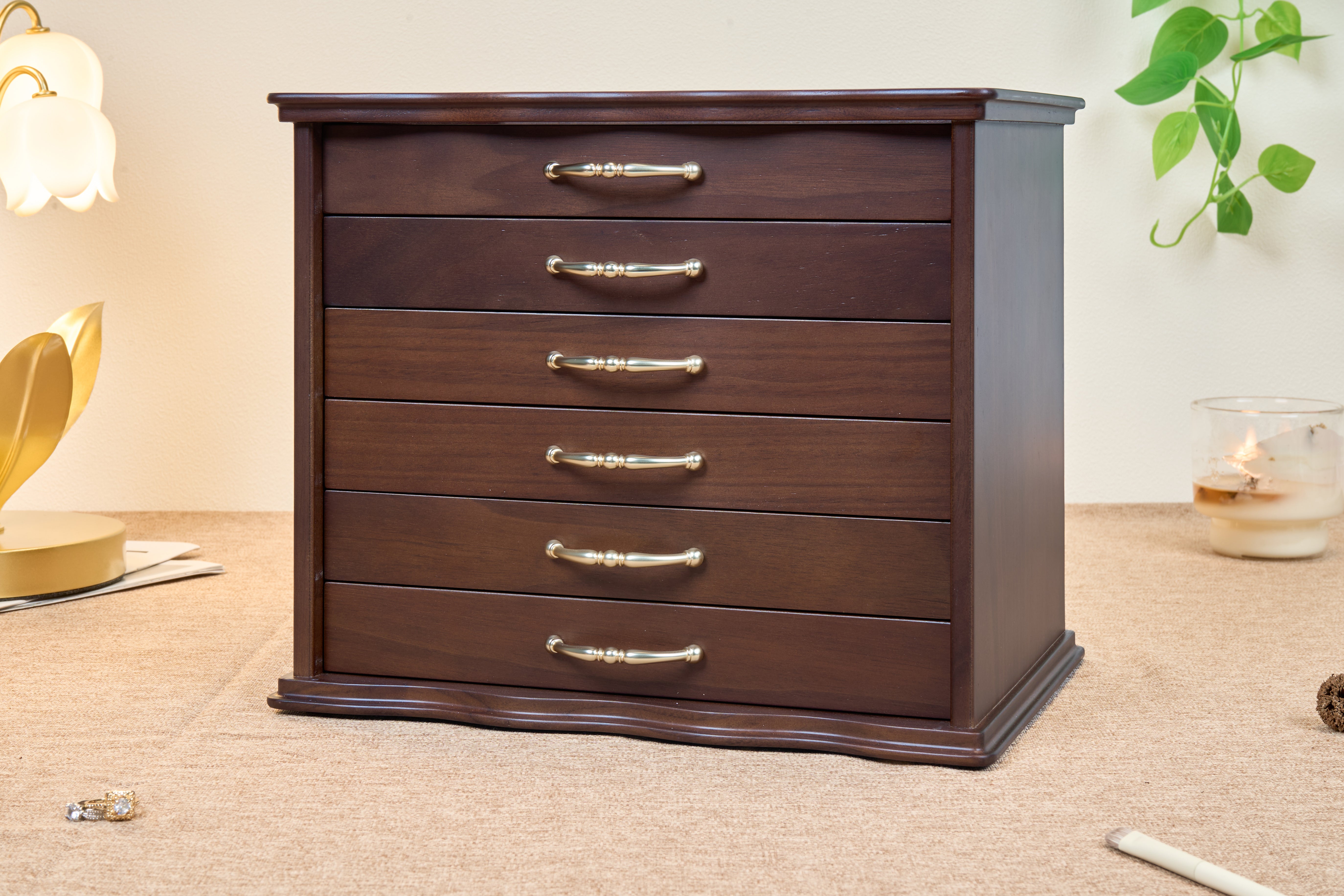 6-Drawer Walnut Jewelry Cabinet with Decorative Glass Top 18