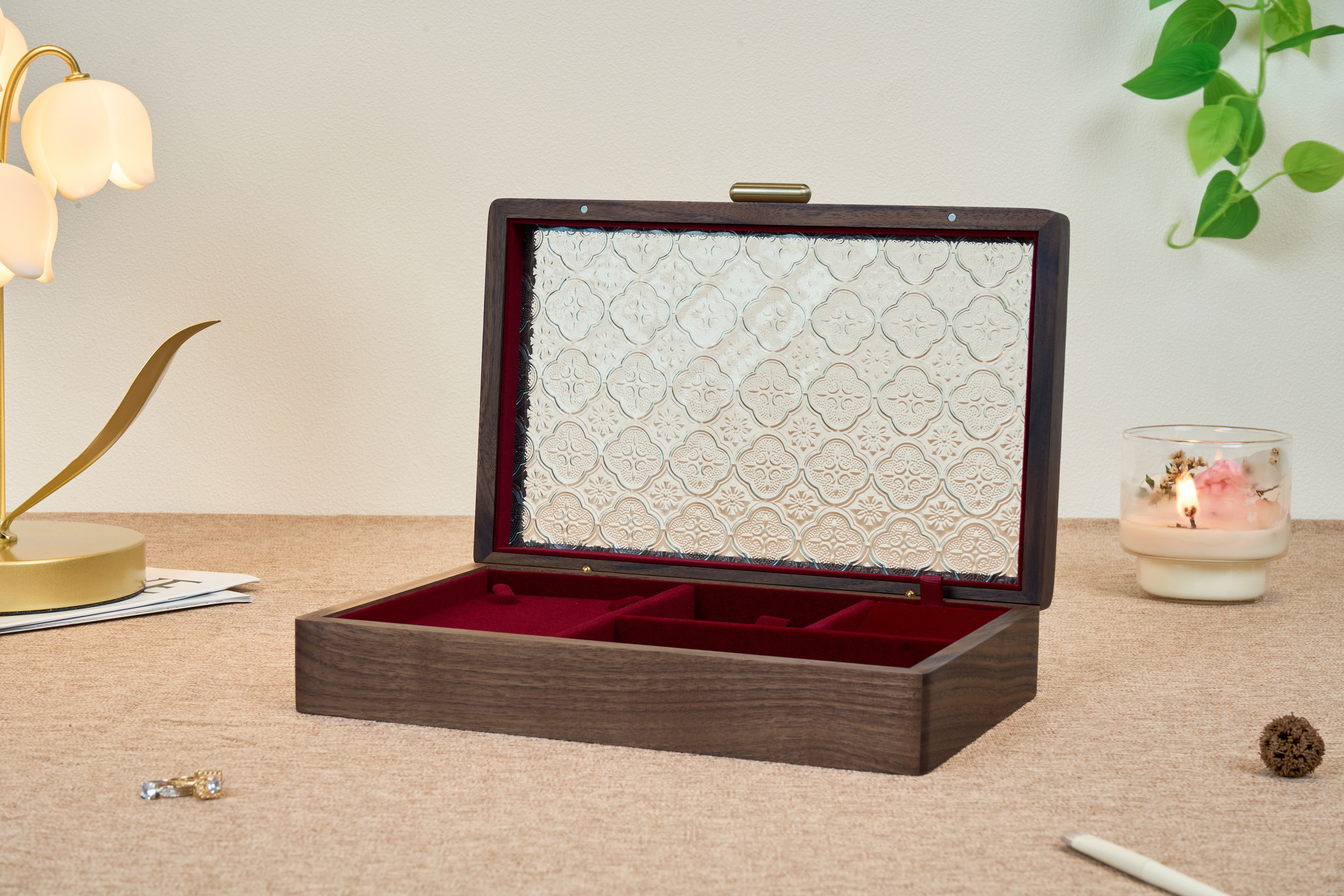 Ornamental Glass Walnut Jewelry Box with Hidden Compartment 2