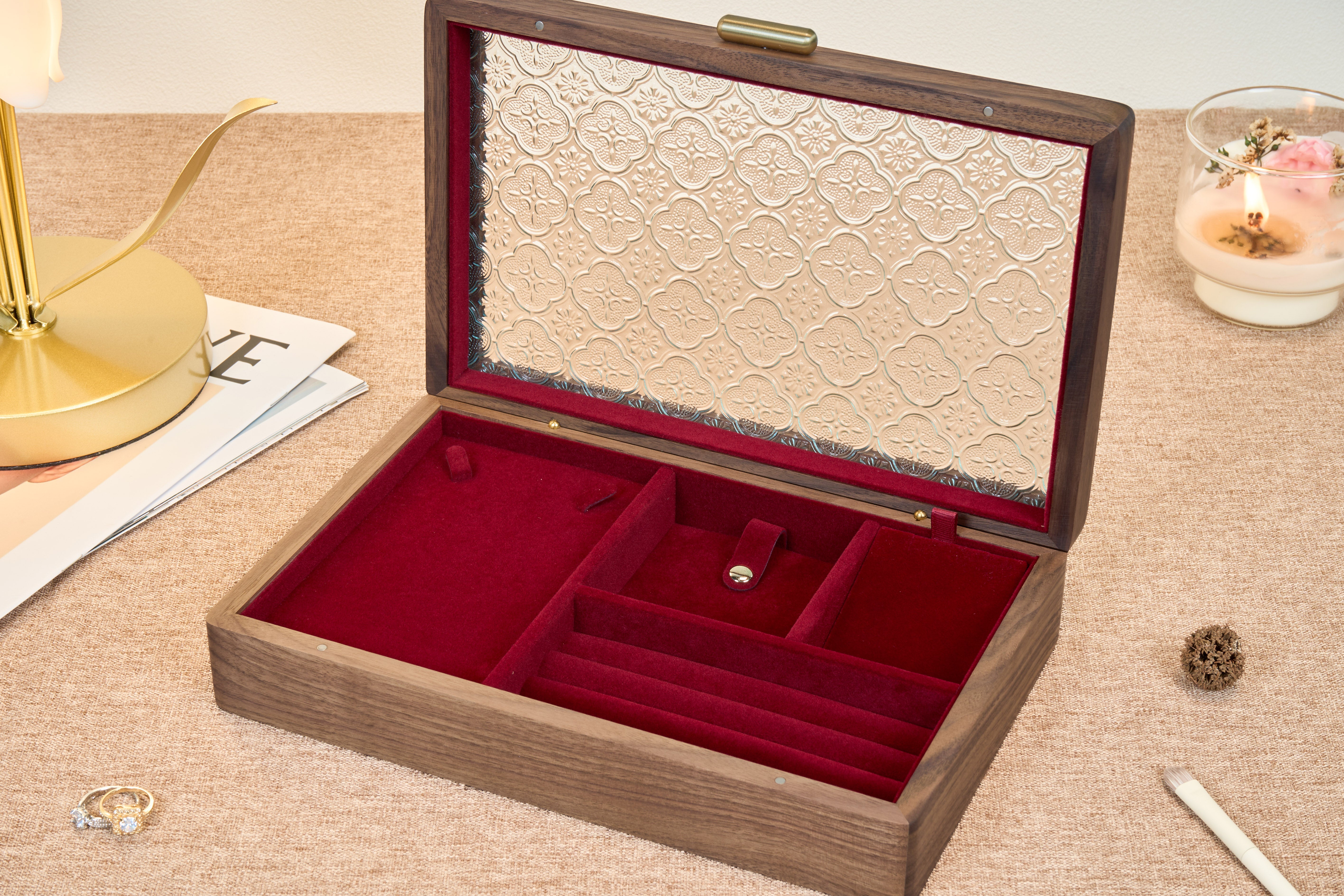 Ornamental Glass Walnut Jewelry Box with Hidden Compartment 5
