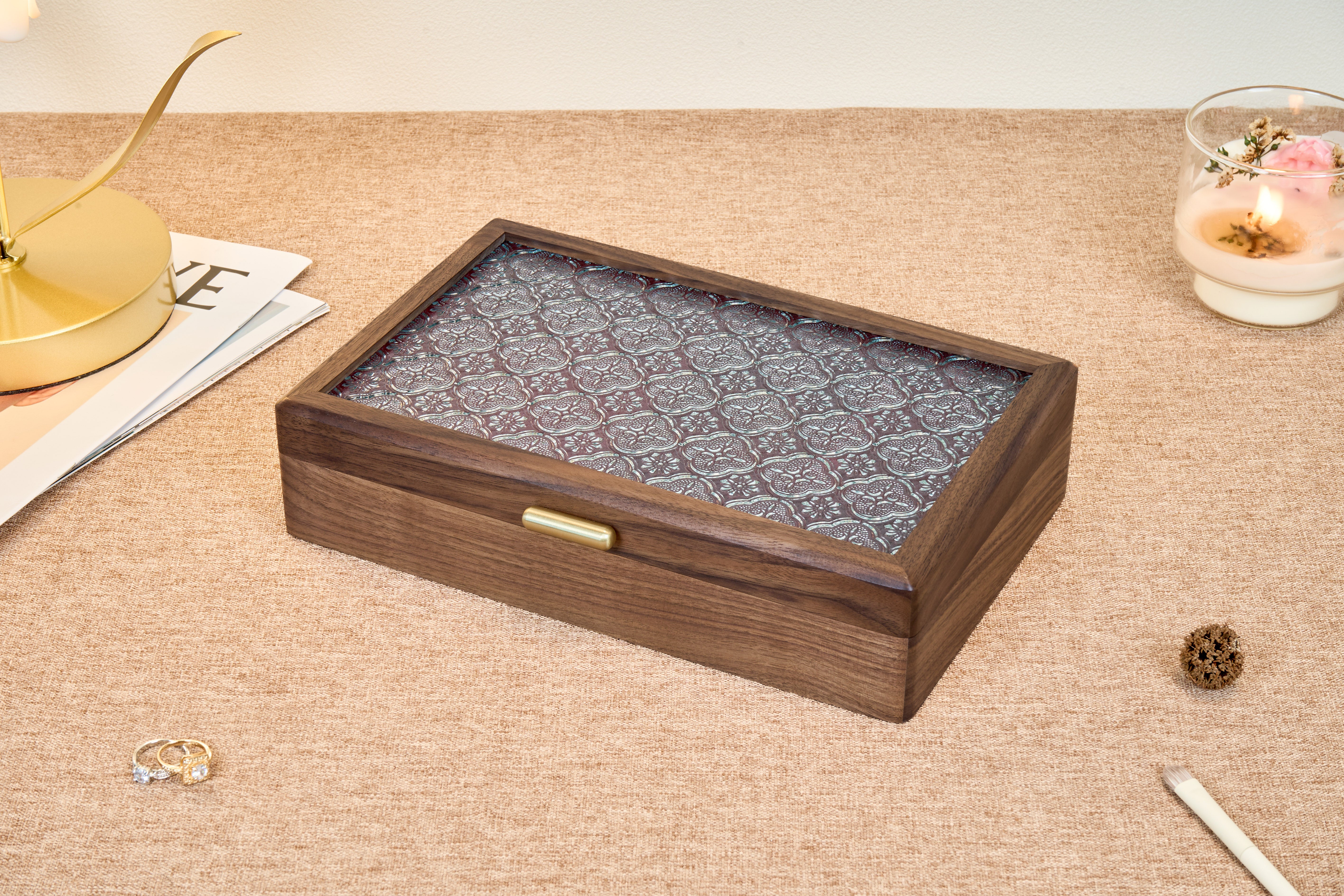 Ornamental Glass Walnut Jewelry Box with Hidden Compartment 6