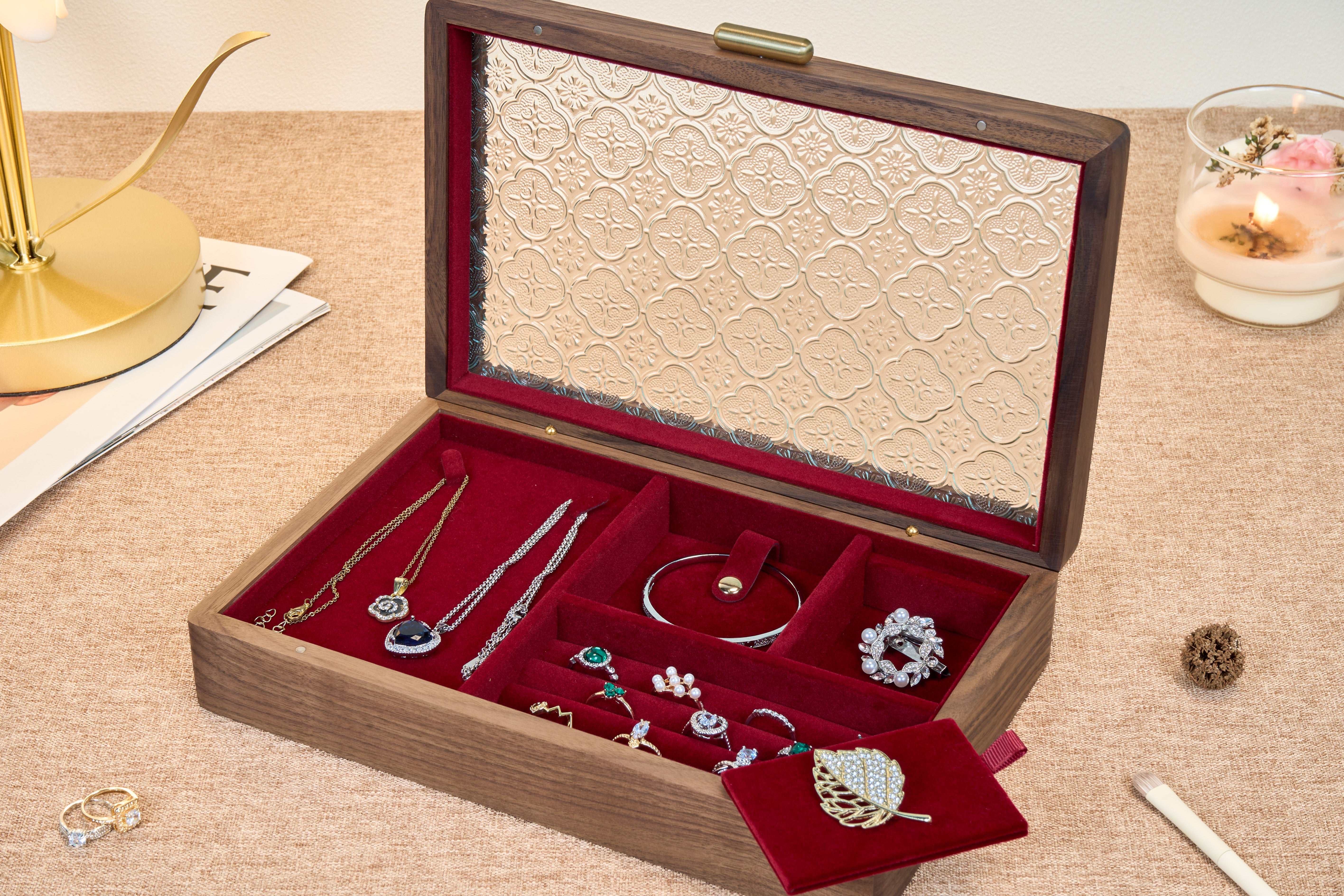 Ornamental Glass Walnut Jewelry Box with Hidden Compartment 8