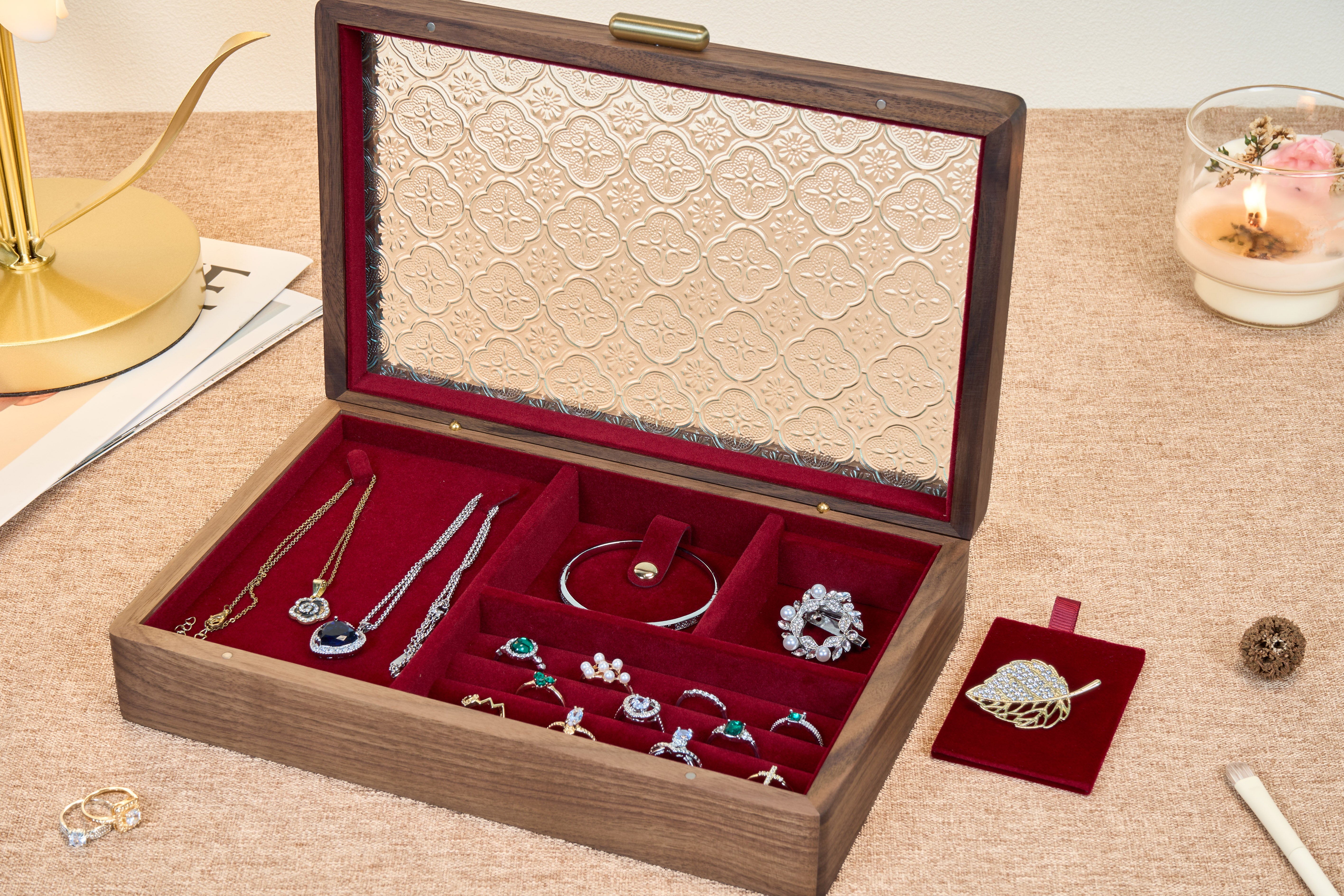 Ornamental Glass Walnut Jewelry Box with Hidden Compartment 9