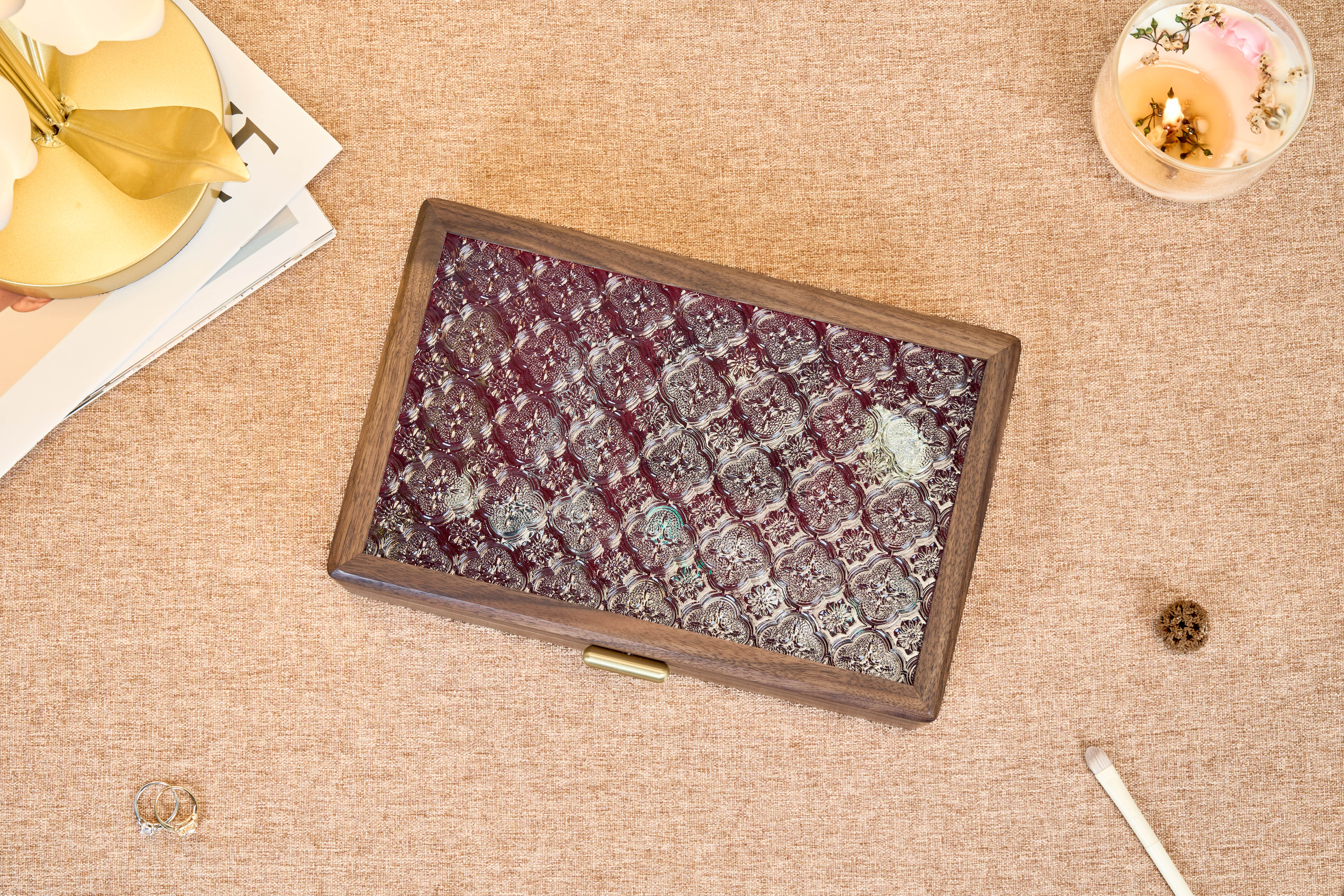 Ornamental Glass Walnut Jewelry Box with Hidden Compartment 13