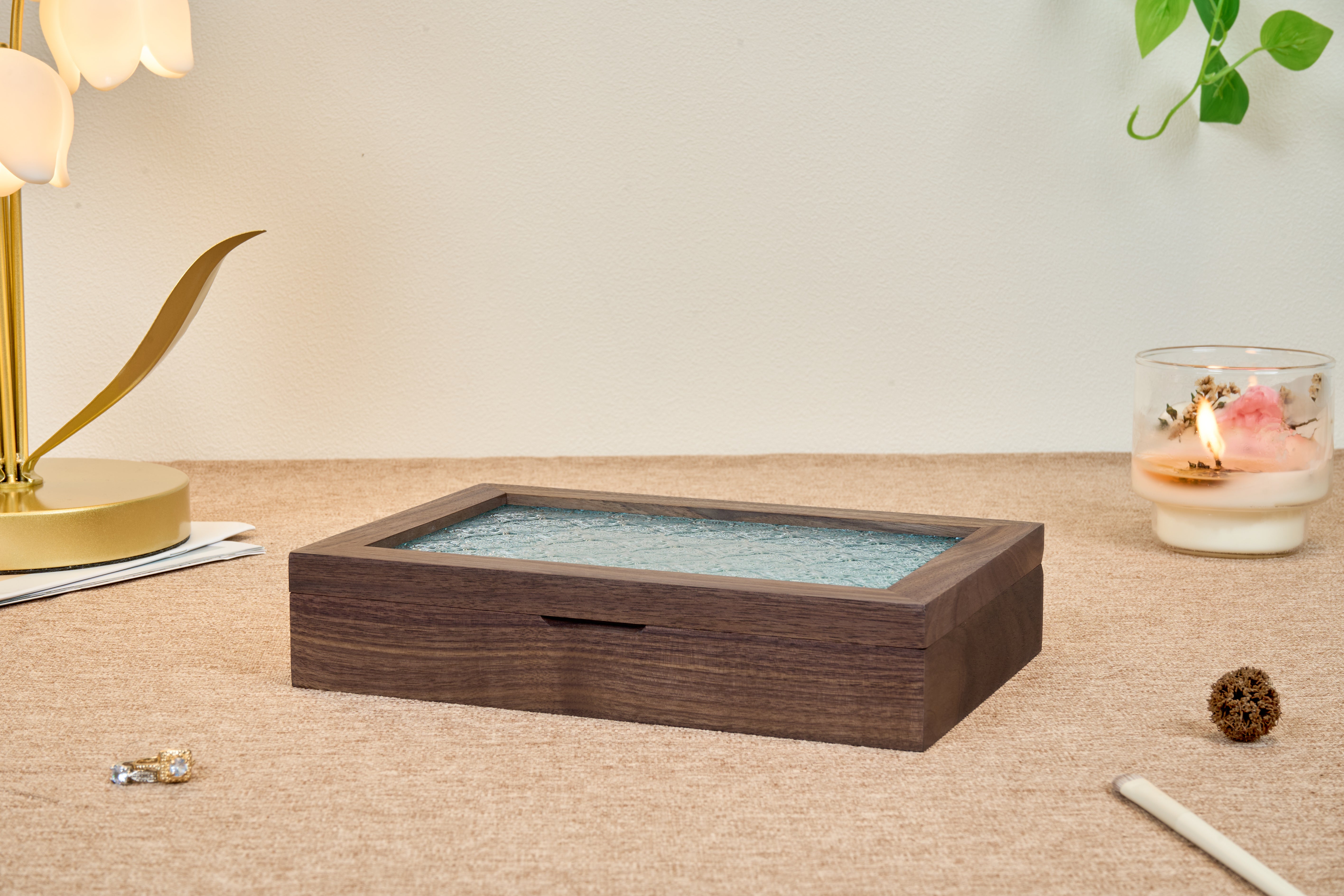 Walnut Jewelry Box with Ornamental Pressed-Glass Lid 2