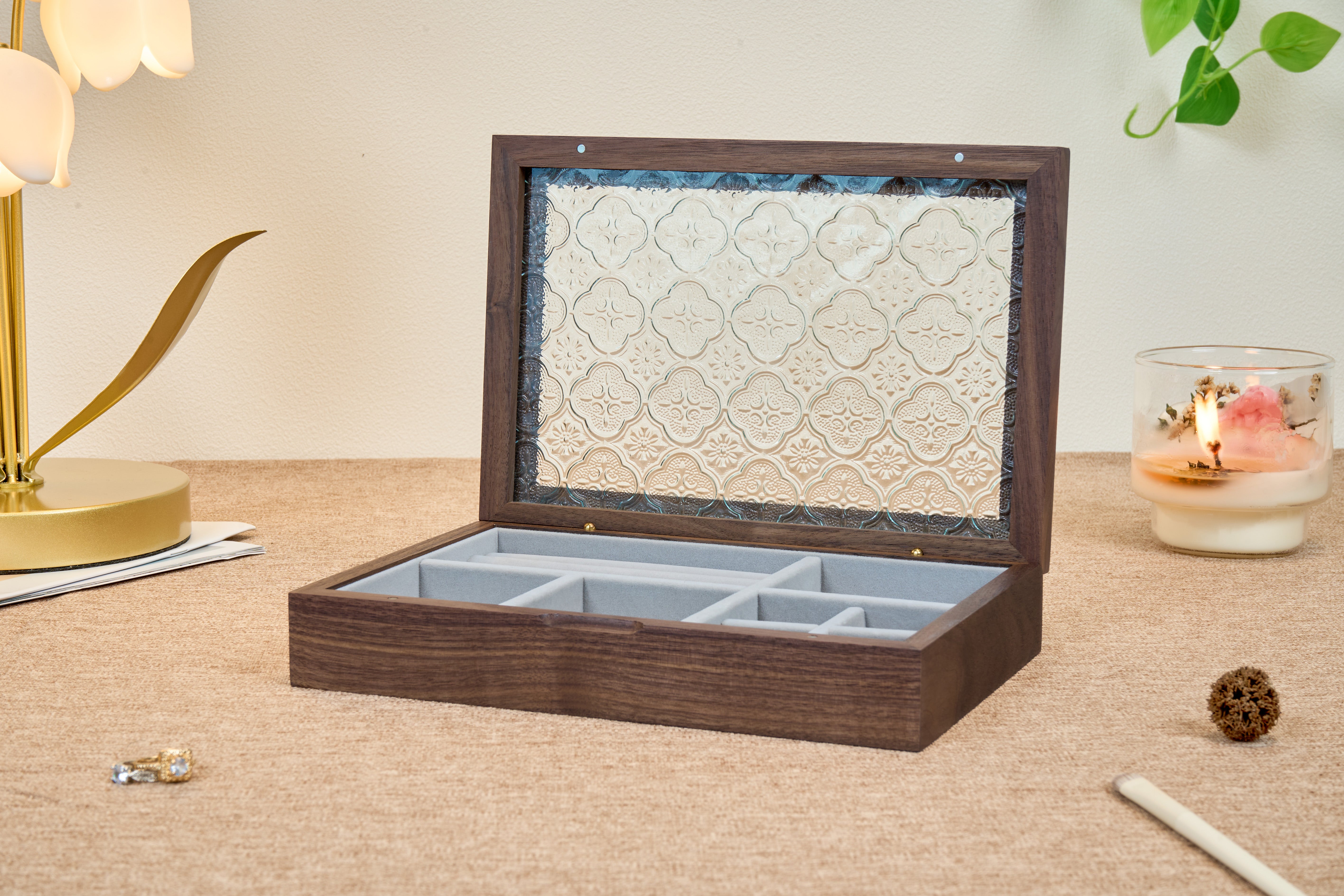Walnut Jewelry Box with Ornamental Pressed-Glass Lid 3