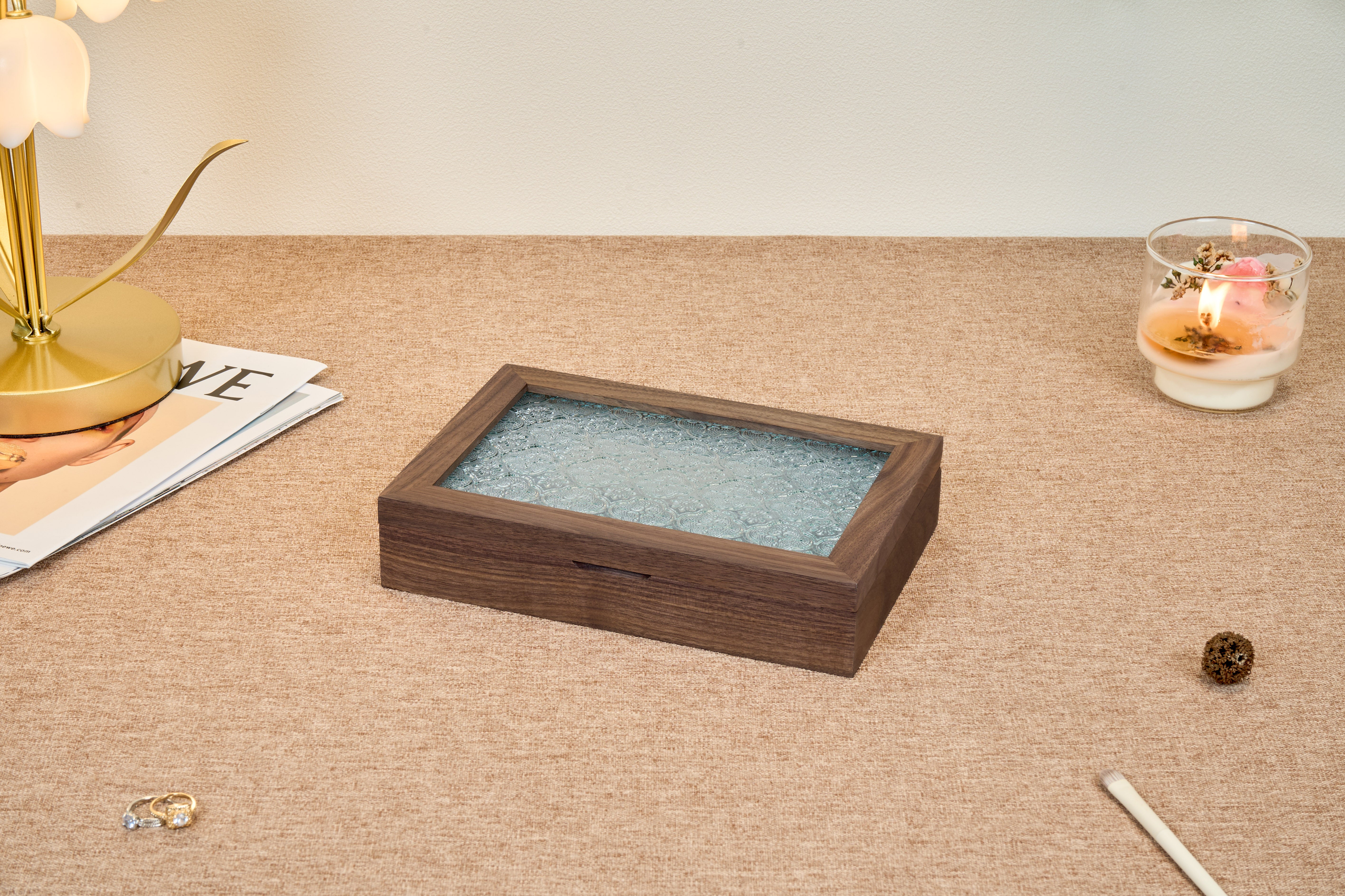 Walnut Jewelry Box with Ornamental Pressed-Glass Lid 5