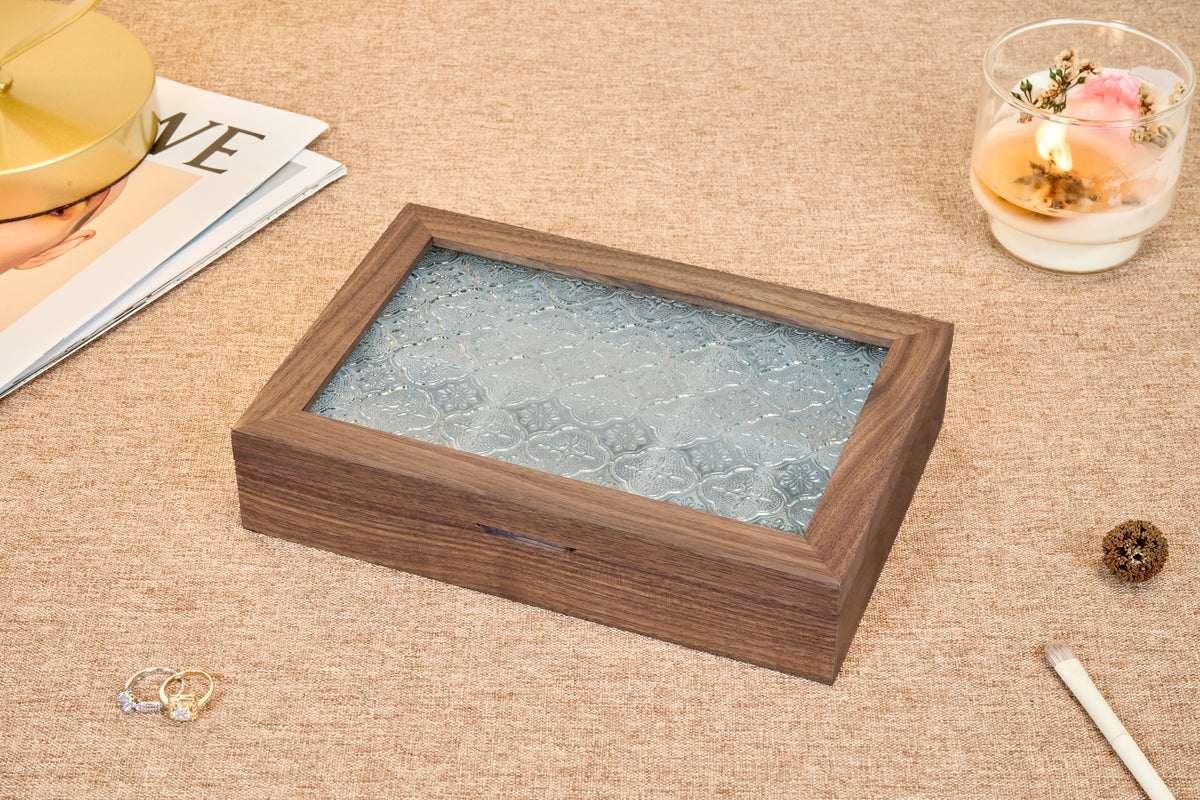 Walnut Jewelry Box with Ornamental Pressed-Glass Lid 6
