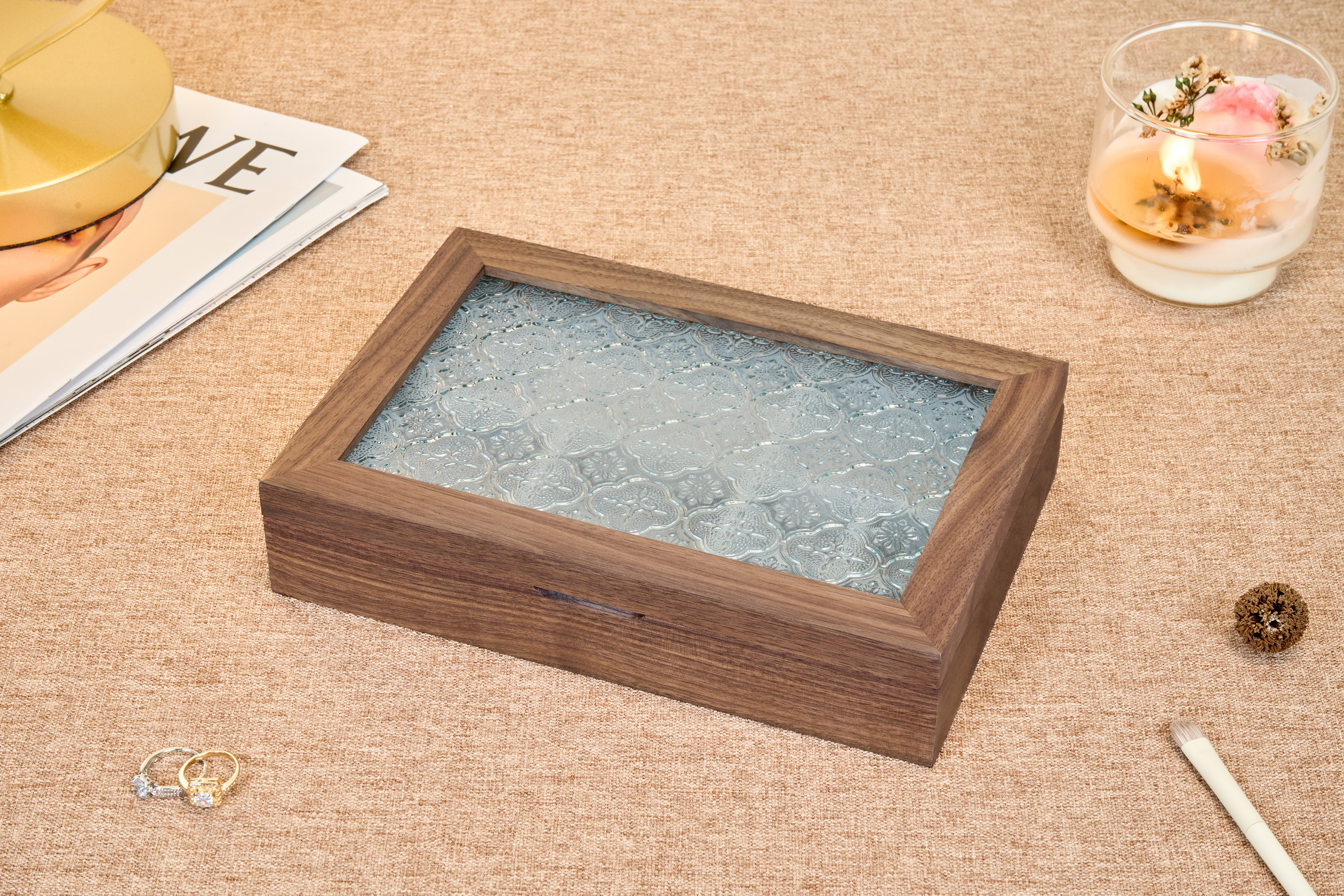 Walnut Jewelry Box with Ornamental Pressed-Glass Lid 6