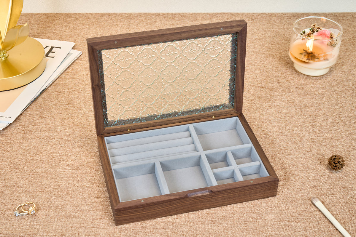 Walnut Jewelry Box with Ornamental Pressed-Glass Lid 7