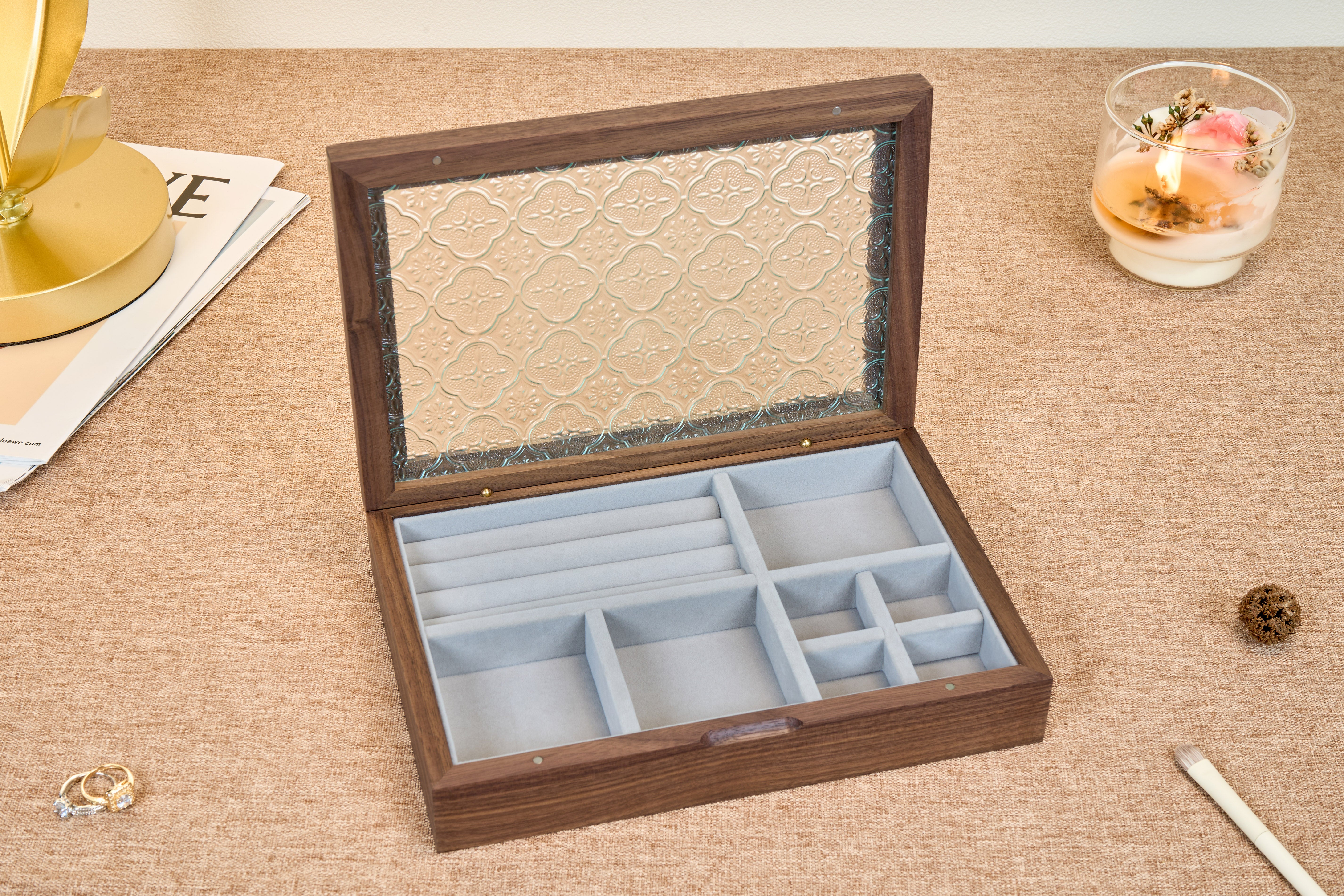 Walnut Jewelry Box with Ornamental Pressed-Glass Lid 7