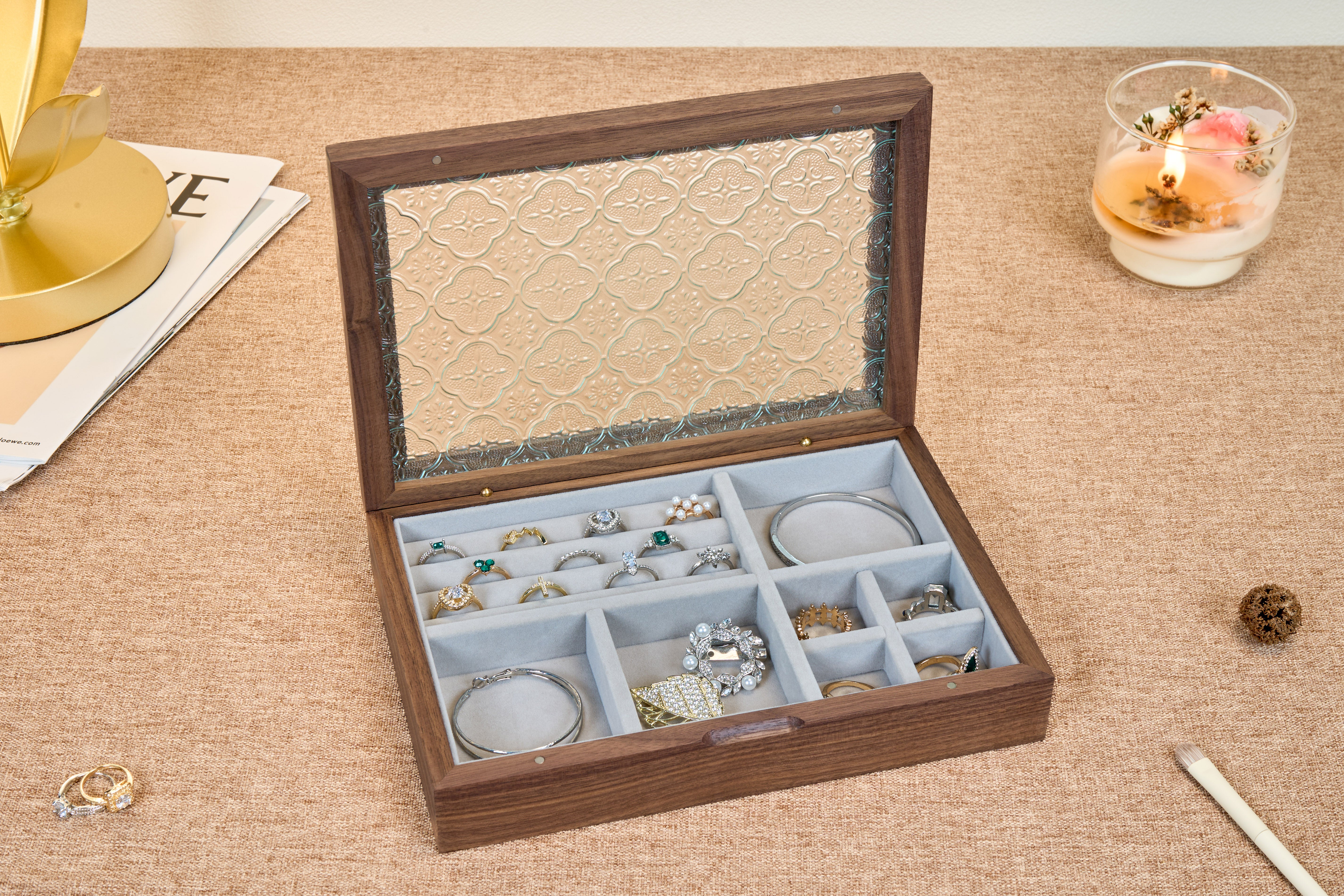 Walnut Jewelry Box with Ornamental Pressed-Glass Lid 8