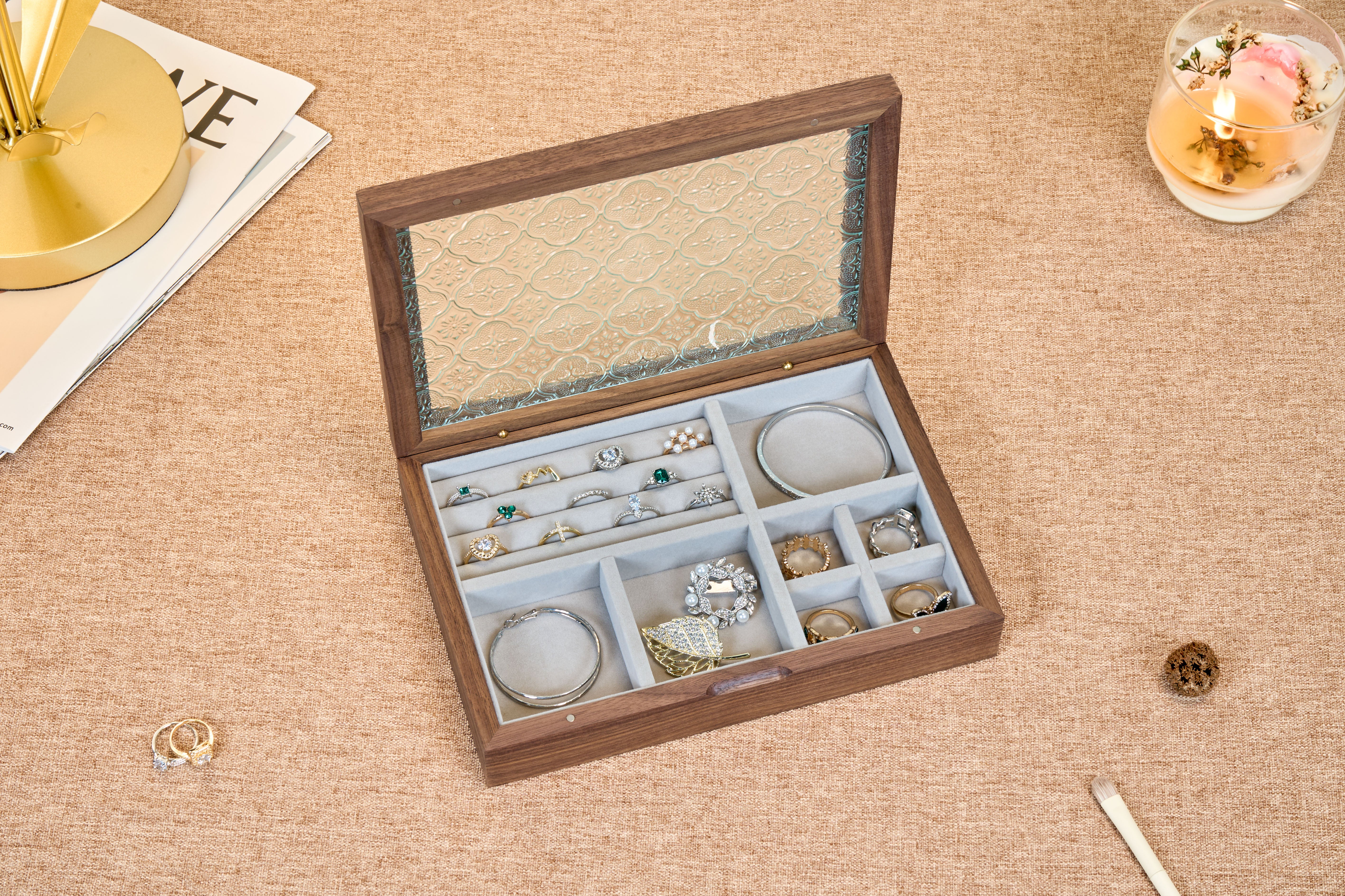 Walnut Jewelry Box with Ornamental Pressed-Glass Lid 9
