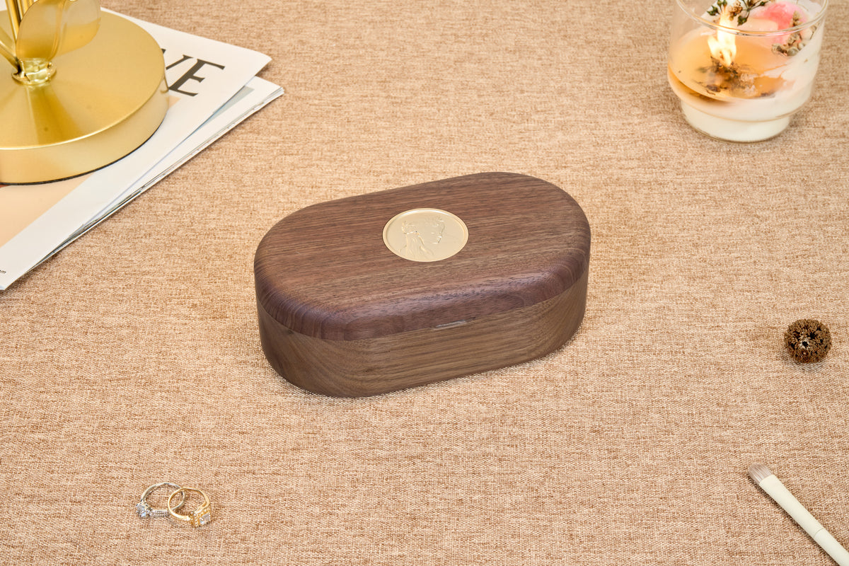Oval Walnut Jewelry Box with Gold-Tone Portrait Medallion 3