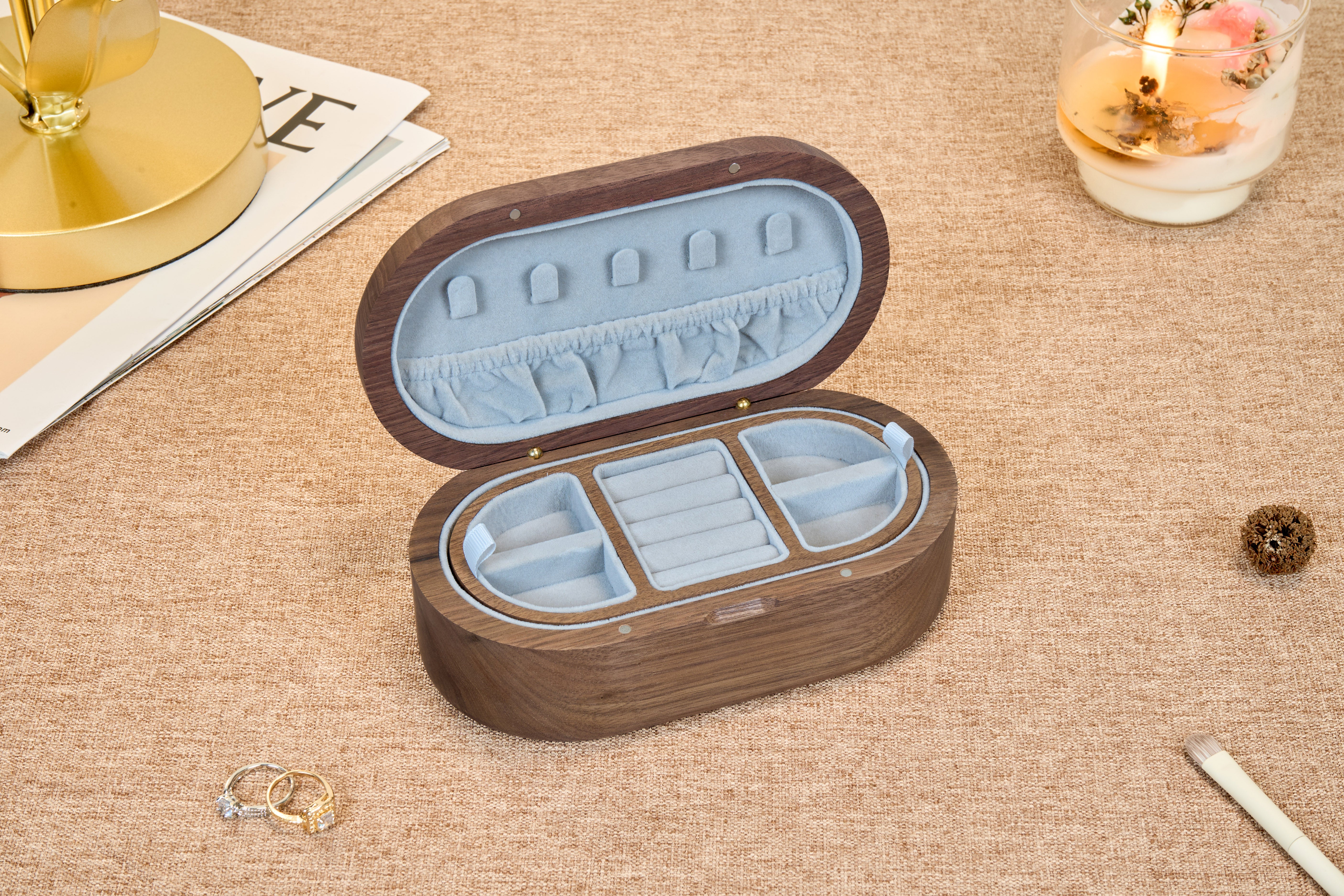 Oval Walnut Jewelry Box with Gold-Tone Portrait Medallion 4