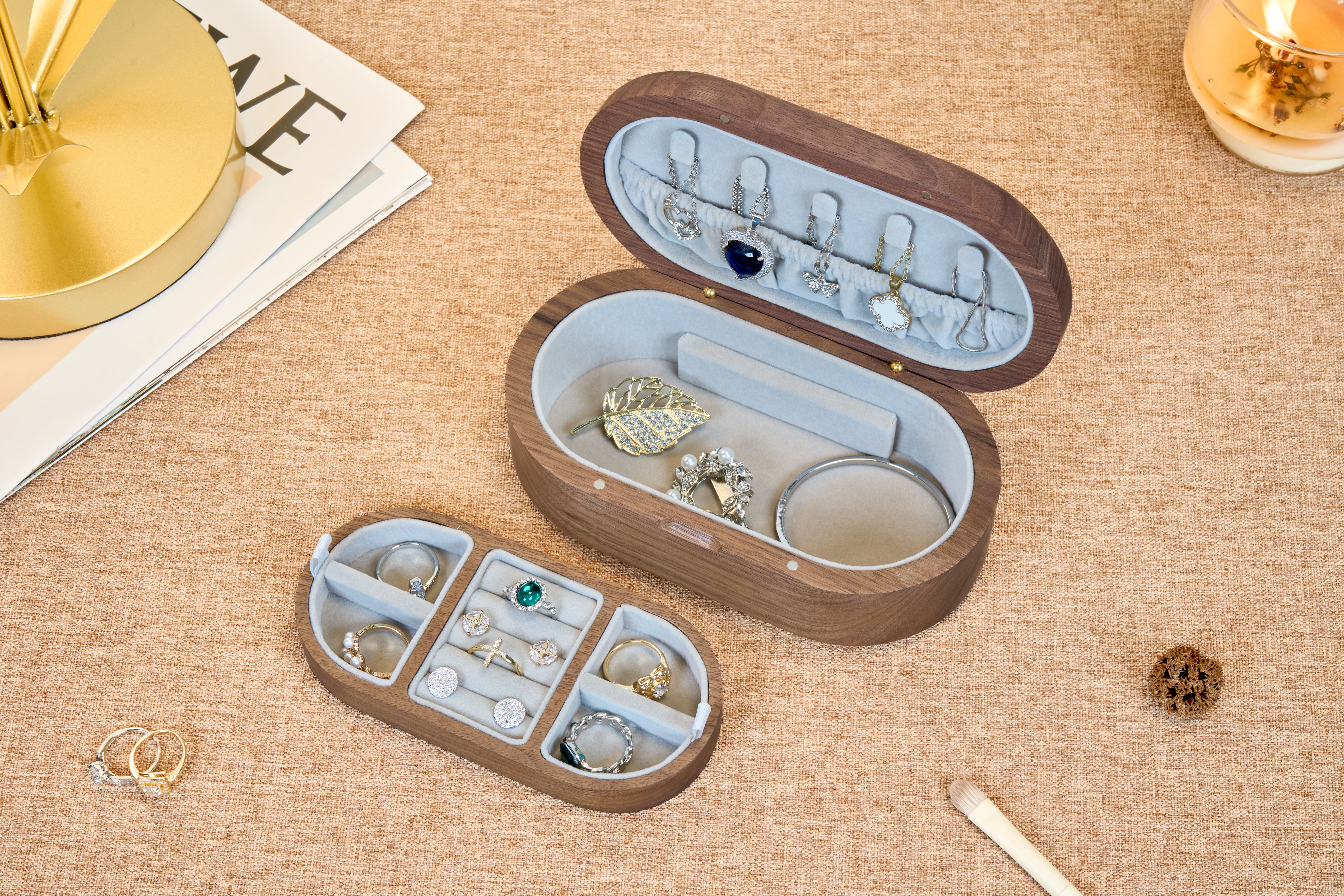 Oval Walnut Jewelry Box with Gold-Tone Portrait Medallion 8