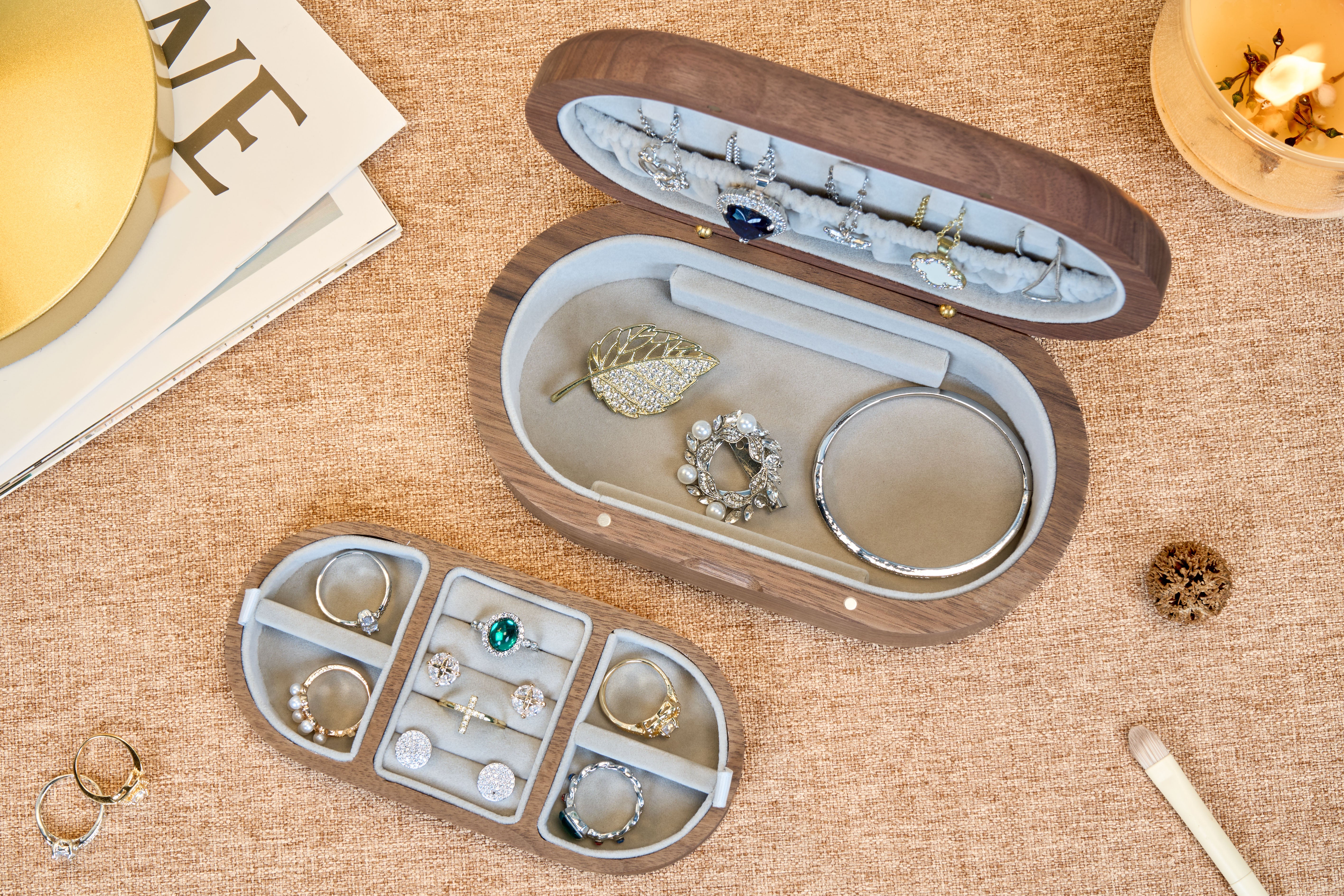 Oval Walnut Jewelry Box with Gold-Tone Portrait Medallion 9