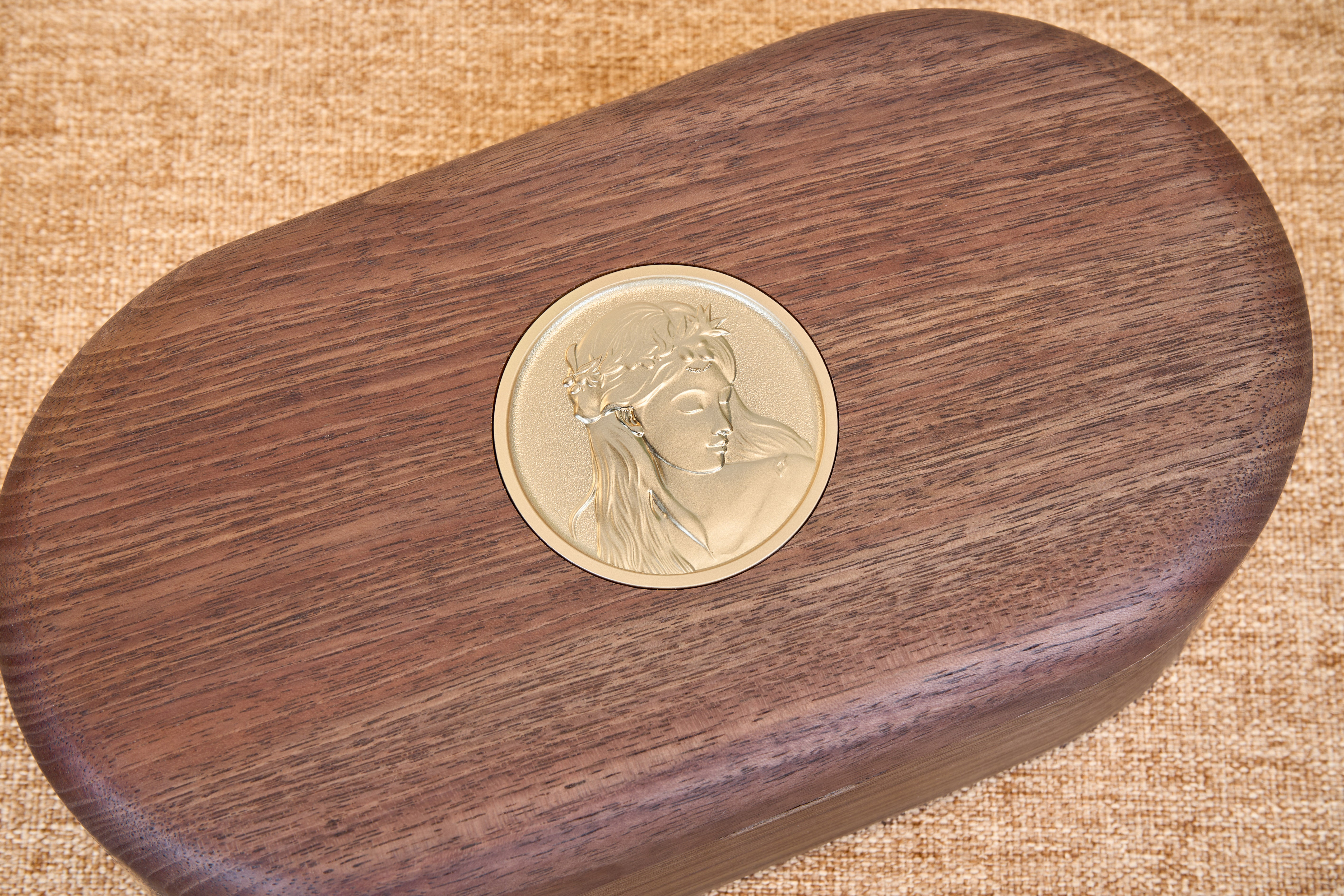 Oval Walnut Jewelry Box with Gold-Tone Portrait Medallion 13