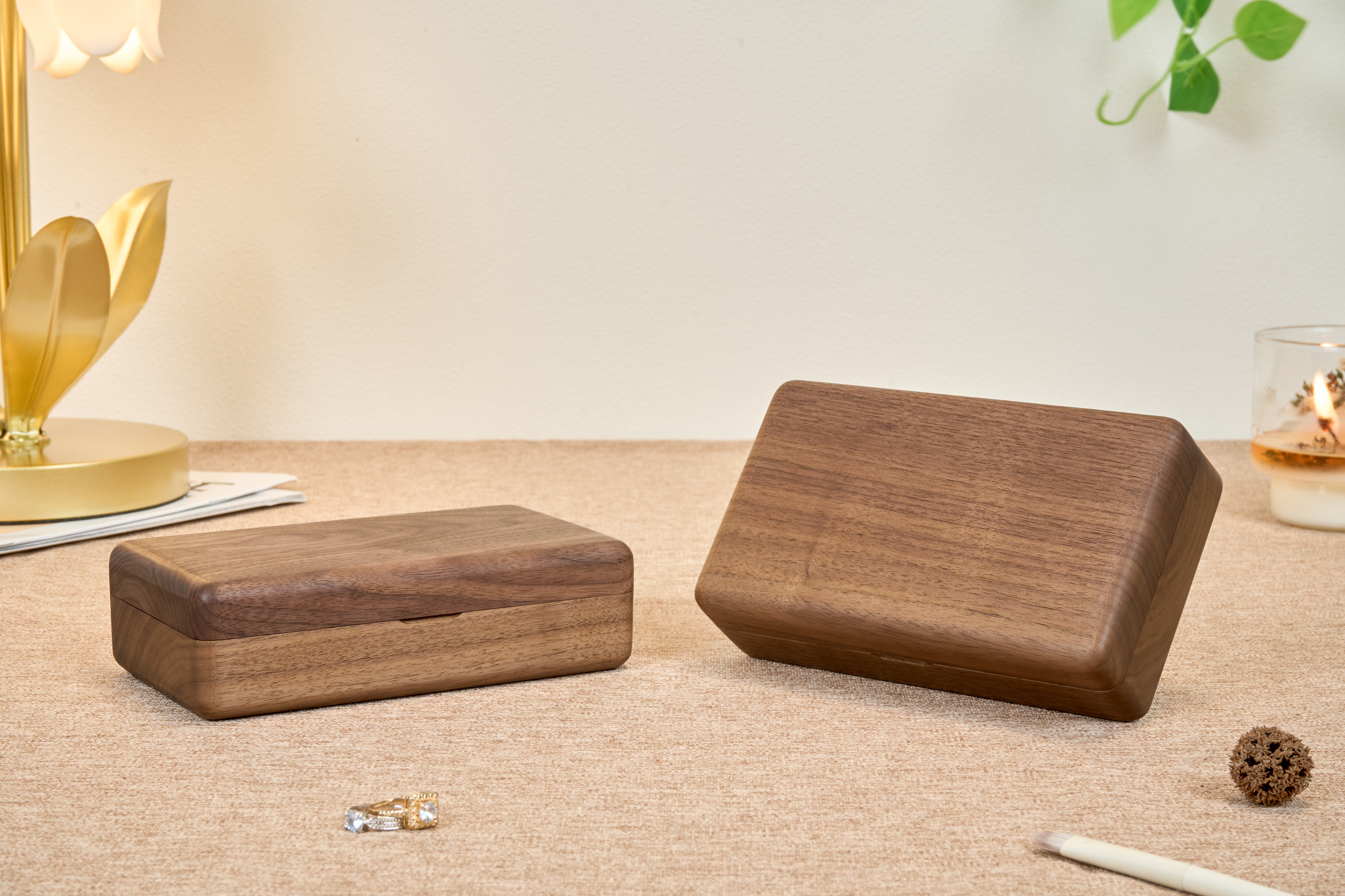 Compact Walnut Jewelry Box with Necklace Hooks & Ring Storage 3